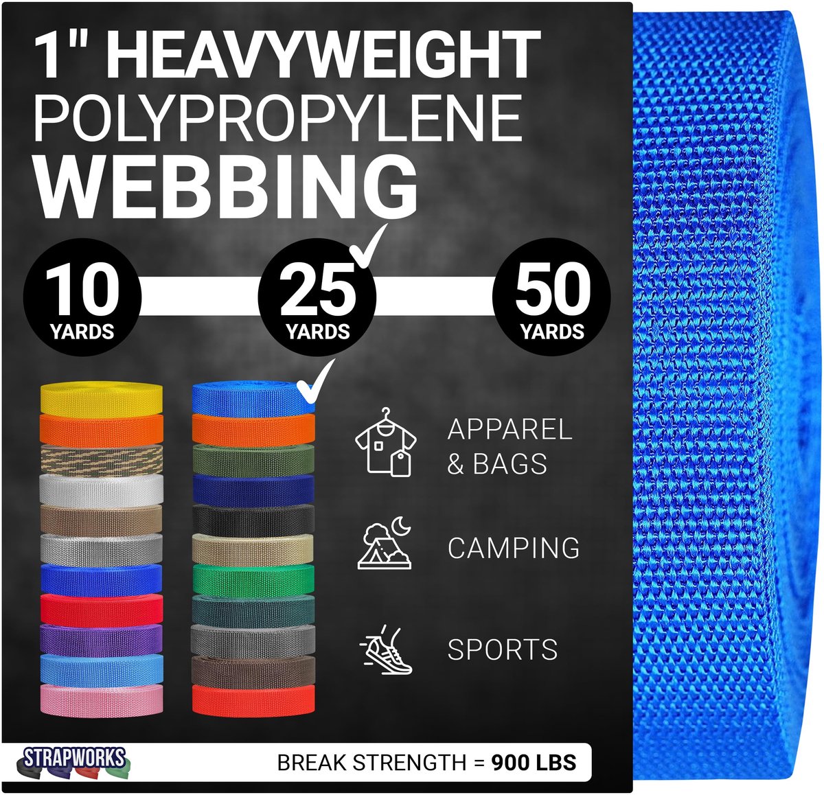 SnelShoppen - Zware polypropyleen spanband 2,5 cm x 22,8 m, zeeblauw, sterke en duurzame riem voor doe-het-zelf, buitengebruik, vochtbestendig, 408 kg