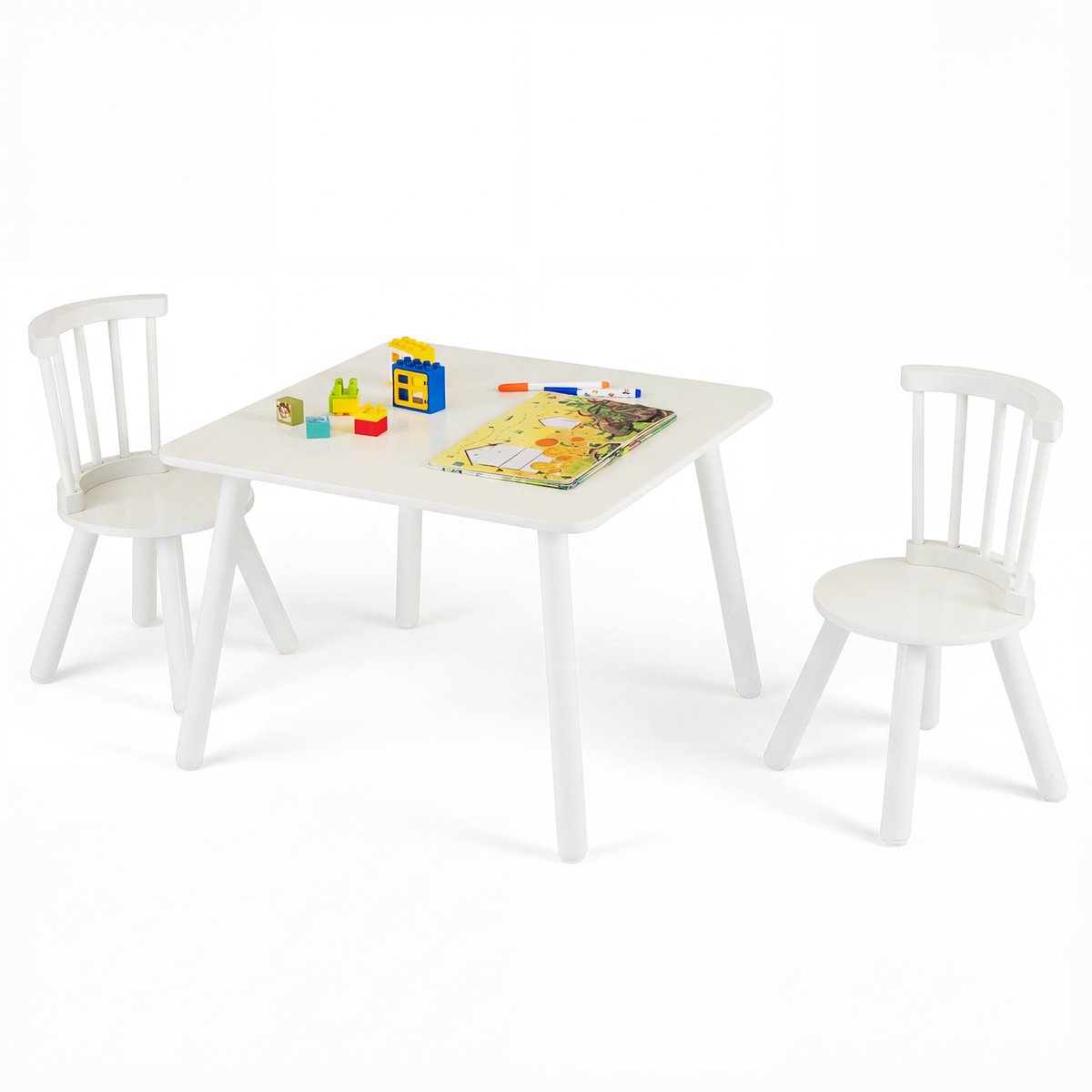 COSTWAY Kindertafel met 2 stoelen van grenenhout, kinderspeelgoedstoeltjesset met gebogen spindelrugleuningen, kindertafel en stoelen set, tekentafel activiteitentafel voor kinderen vanaf 3 jaar (Wit)