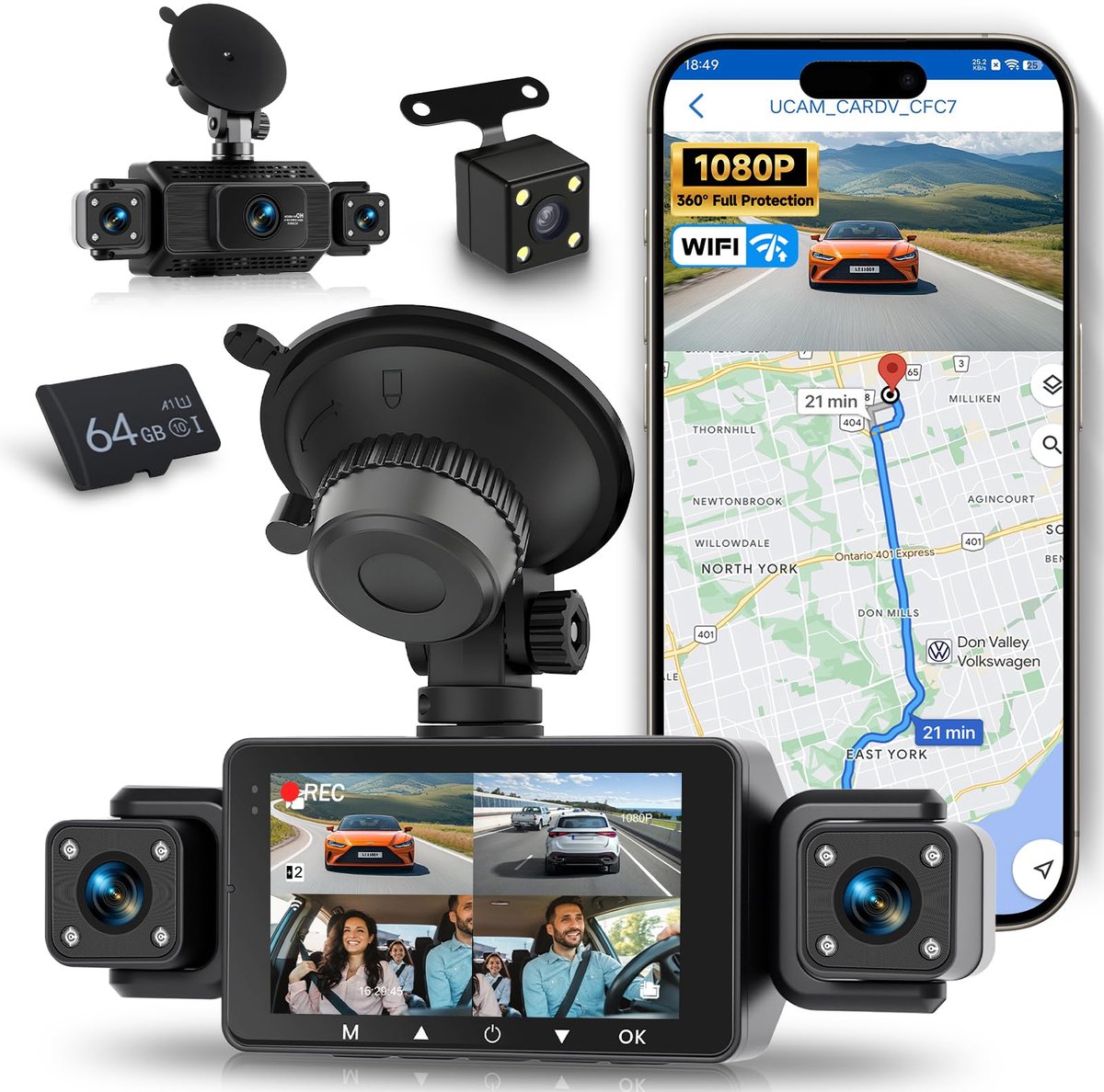 SnelShoppen - WiFi 4-kanaals dashcam auto 1080p 360° voor en achter met lusopname, G-sensor, nachtzicht, bewegingsdetectie, app-bediening, belichtings