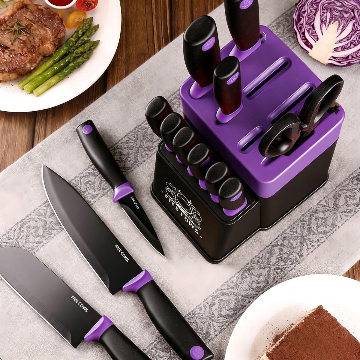 Messenblokset 14-delig met zelfslijpend messenblok - Koksmes, Steakmessen en Schaar - Roestvrij Staal met Zwarte Coating - Paars