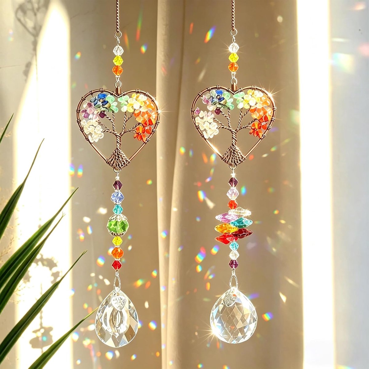 2 stuks zonnevanger, kristal, suncatcher, hangende ramen, tuin, prisma, sensor, licht, decoratie, hanger, kristal, levensboom, voor tuindecoratie thuis (A)