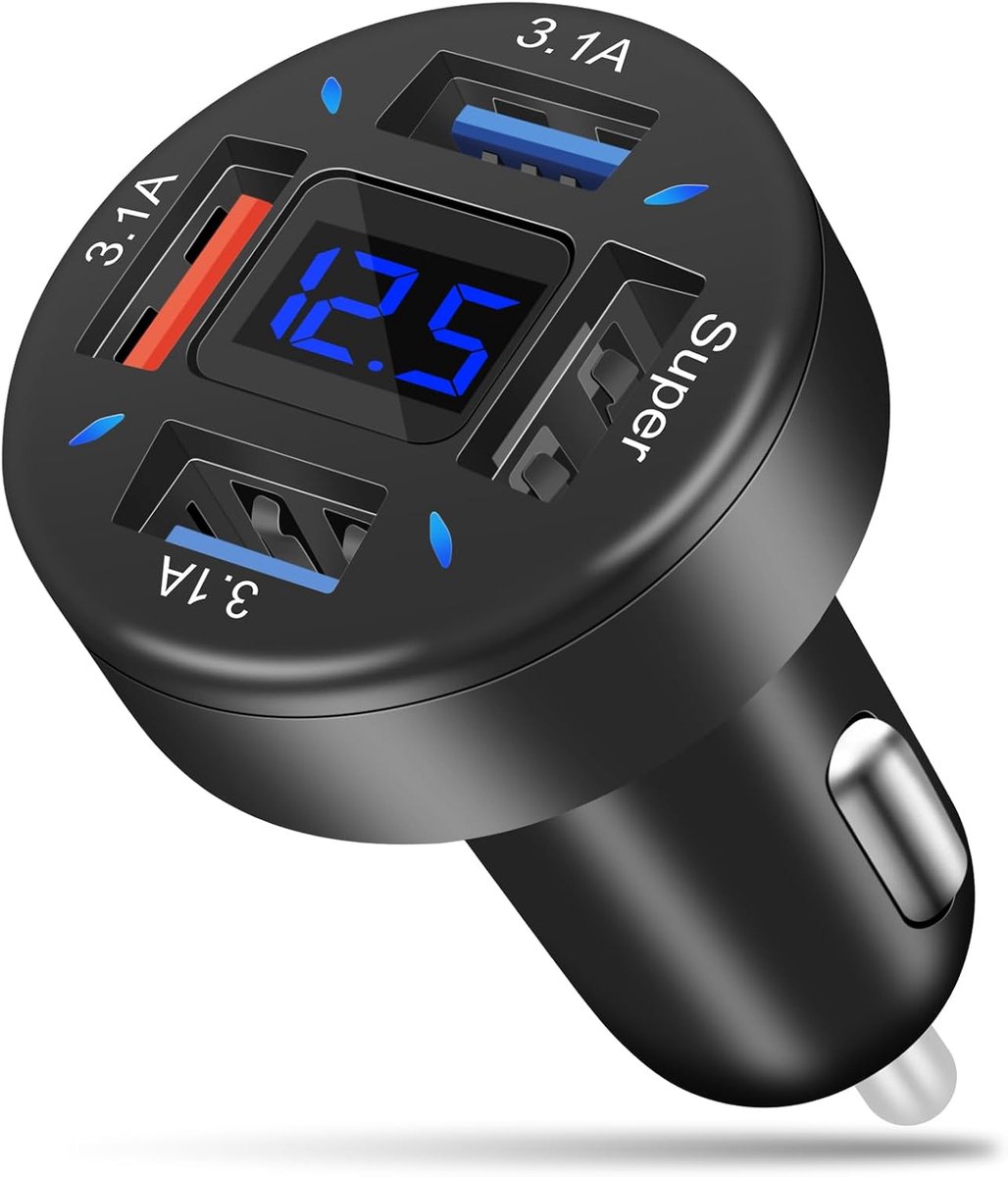 Autolader Met 4 Poorten - 66W, 3 USB-A + 1 USB-A - Sigarettenaansteker-Oplader Met Snel Opladen Voor iPhone | Multi Auto Sigarettenaansteker Telefoon Oplader Compatibel met i-Phones16/17, iPads, Power Banks, iOS & Android