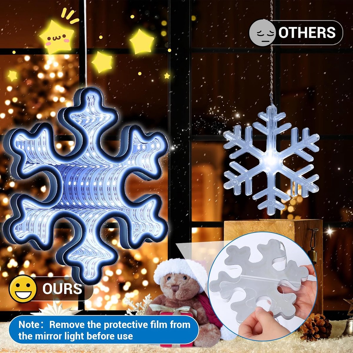 kerstdecoratie raam, sneeuwvlok kerstverlichting 3D spiegel