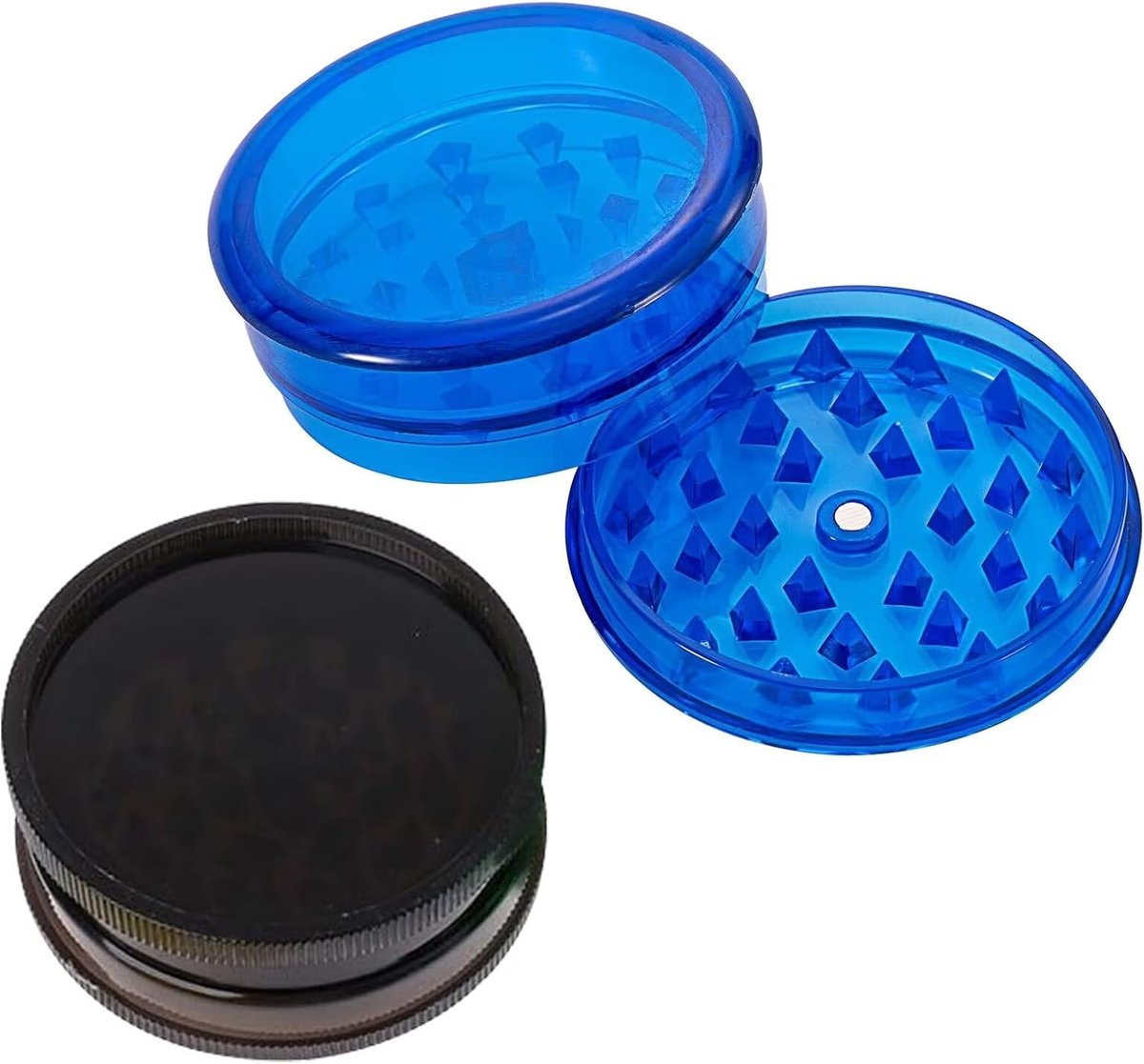 2 stuks Grinder plastic molens kunststof 60 mm drie delen inclusief opslag Crusher Kitchen, pollen grinder crusher, kruidenmolen van kunststof voor specerijen, kruiden, specerijen - blauw en