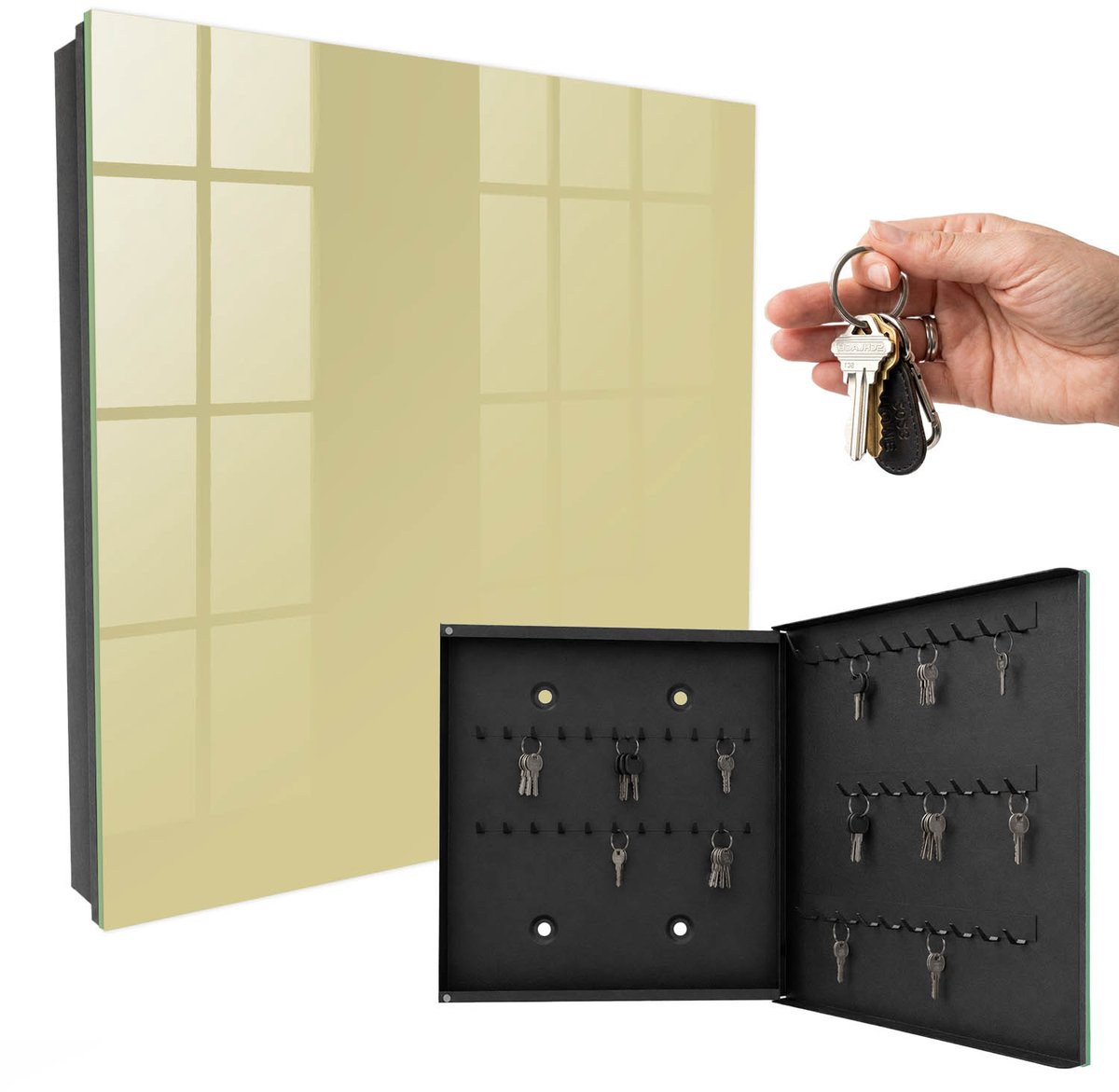 WallMuralia - Sleutelkast - 30x30x5 cm - met 50 haken - Pastelgeel Sleutelkastje Landelijk - Geel Sleutelbox - Rechtsopenend - Zwart interieur