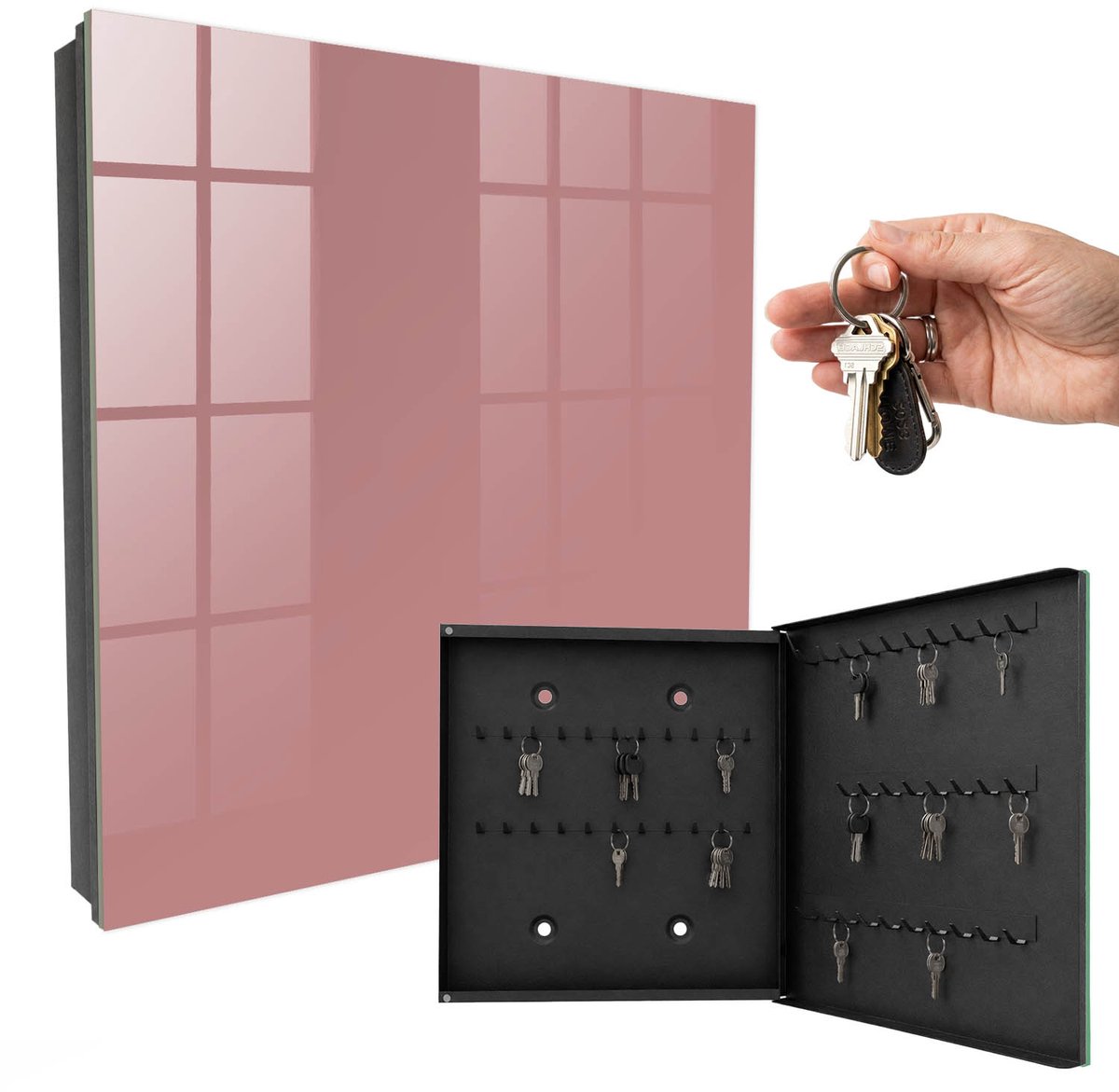 WallMuralia - Sleutelkast - 30x30x5 cm - met 50 haken - Levendig Bordeauxrood Sleutelkastje Klein - Bordeaux Sleutelbox - Rechtsopenend - Zwart interieur