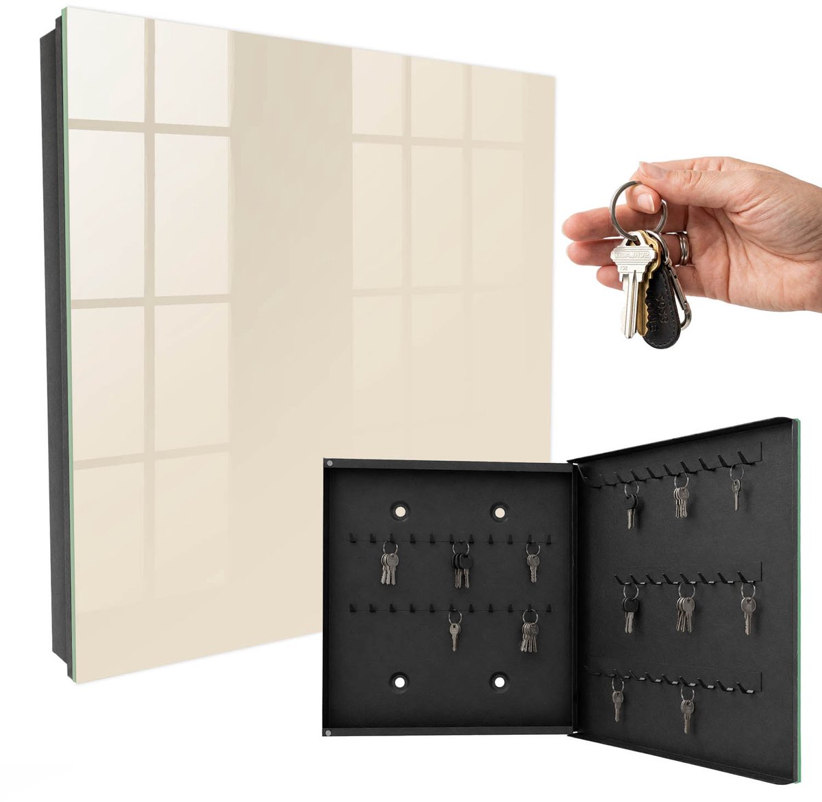 WallMuralia - Sleutelkast - 30x30x5 cm - met 50 haken - Romig Design Sleutelkastje - Romig Sleutelbox - Rechtsopenend - Zwart interieur