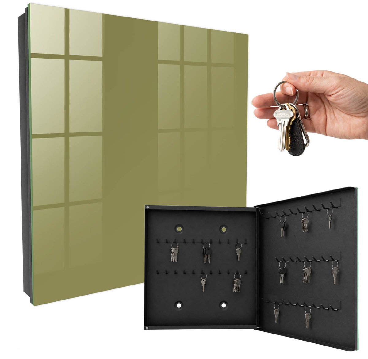 WallMuralia - Sleutelkast - 30x30x5 cm - met 50 haken - Groen Gras Sleutelkastje Muur - Geel Sleutelbox - Rechtsopenend - Zwart interieur