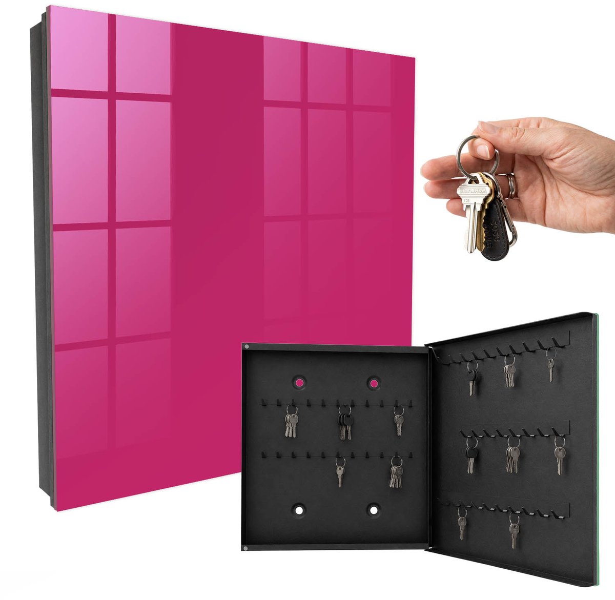 WallMuralia - Sleutelkast - 30x30x5 cm - met 50 haken - Intens Roze Sleutelkastje Landelijk - Roze Sleutelbox - Rechtsopenend - Zwart interieur