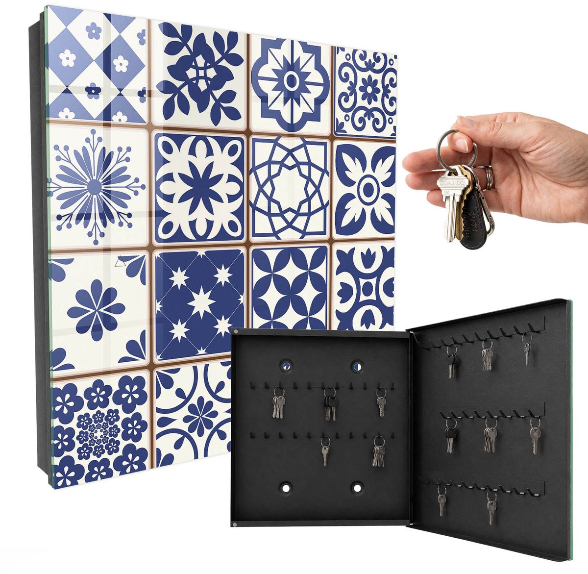 WallMuralia - Sleutelkast - 30x30x5 cm - met 50 haken - Retro Mozaïek Sleutelkastje Gang - Blauw Sleutelbox - Rechtsopenend - Zwart interieur