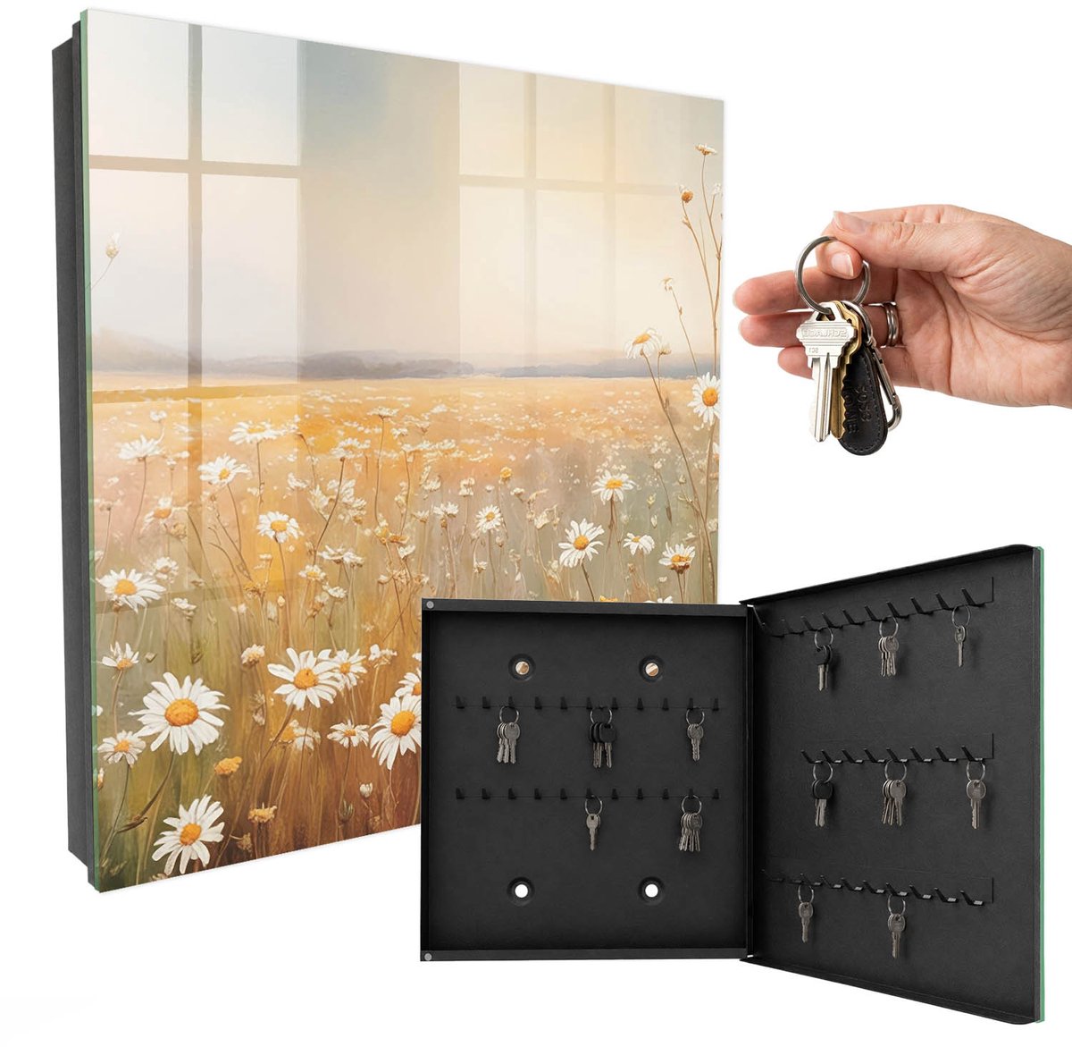 WallMuralia - Sleutelkast - 30x30x5 cm - met 50 haken - Bloemenweide Sleutelkastje Hal - Oranje Sleutelbox - Rechtsopenend - Zwart interieur