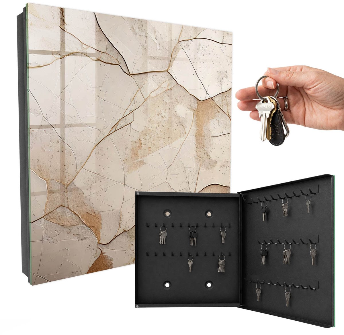 WallMuralia - Sleutelkast - 30x30x5 cm - met 50 haken - Subtiele Aarde Sleutelkastje Gang - Beige Sleutelbox - Rechtsopenend - Zwart interieur