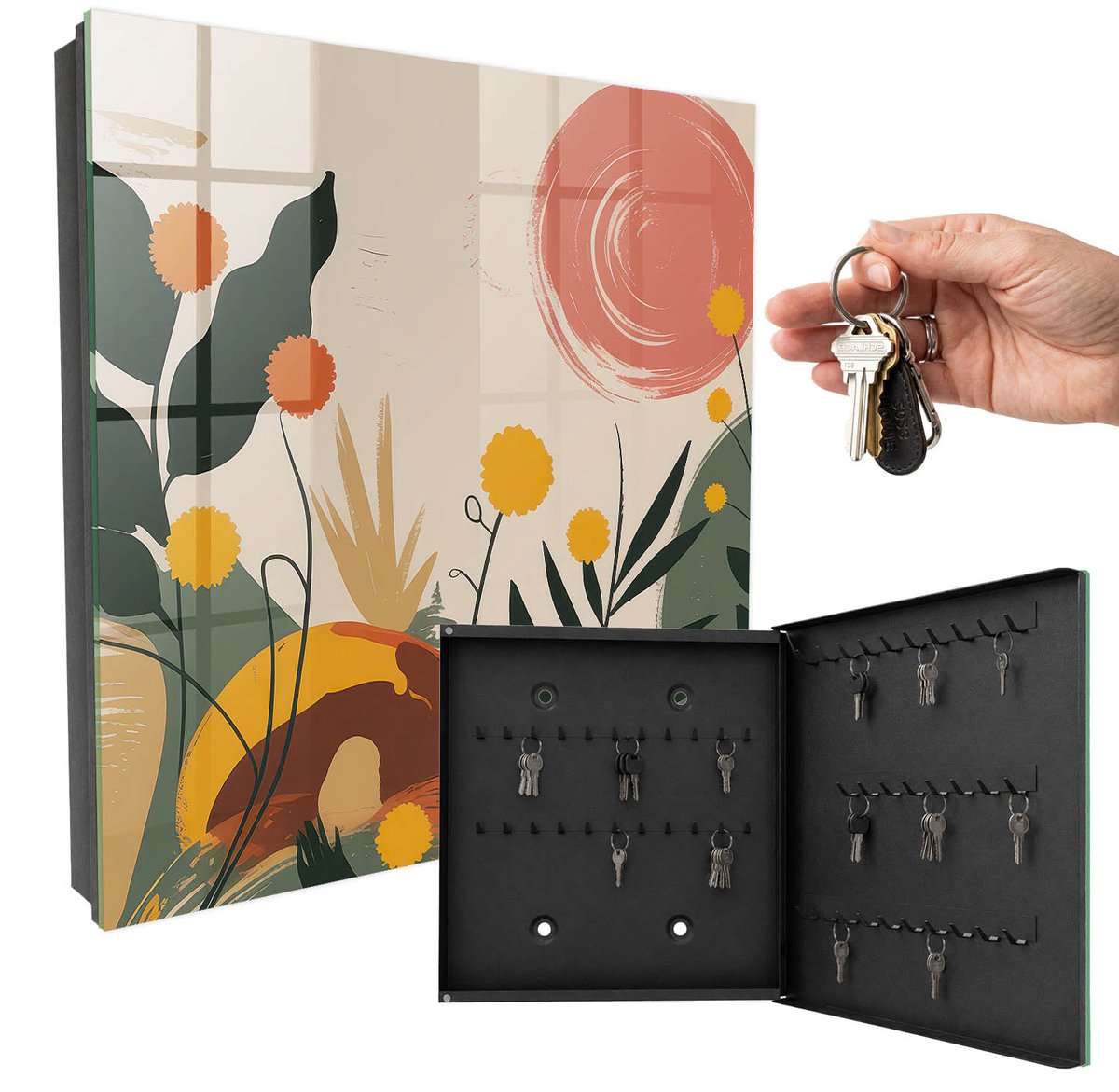 WallMuralia - Sleutelkast - 30x30x5 cm - met 50 haken - Kleurrijke Energie Sleutelkastje Modern - Beige Sleutelbox - Rechtsopenend - Zwart interieur