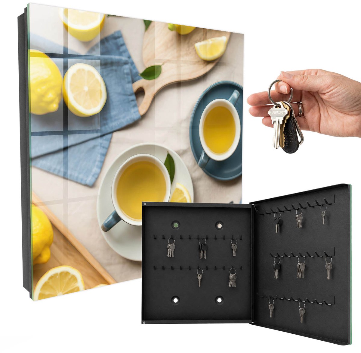 WallMuralia - Sleutelkast - 30x30x5 cm - met 50 haken - Citroenochtend Design Sleutelkastje - Geel Sleutelbox - Rechtsopenend - Zwart interieur