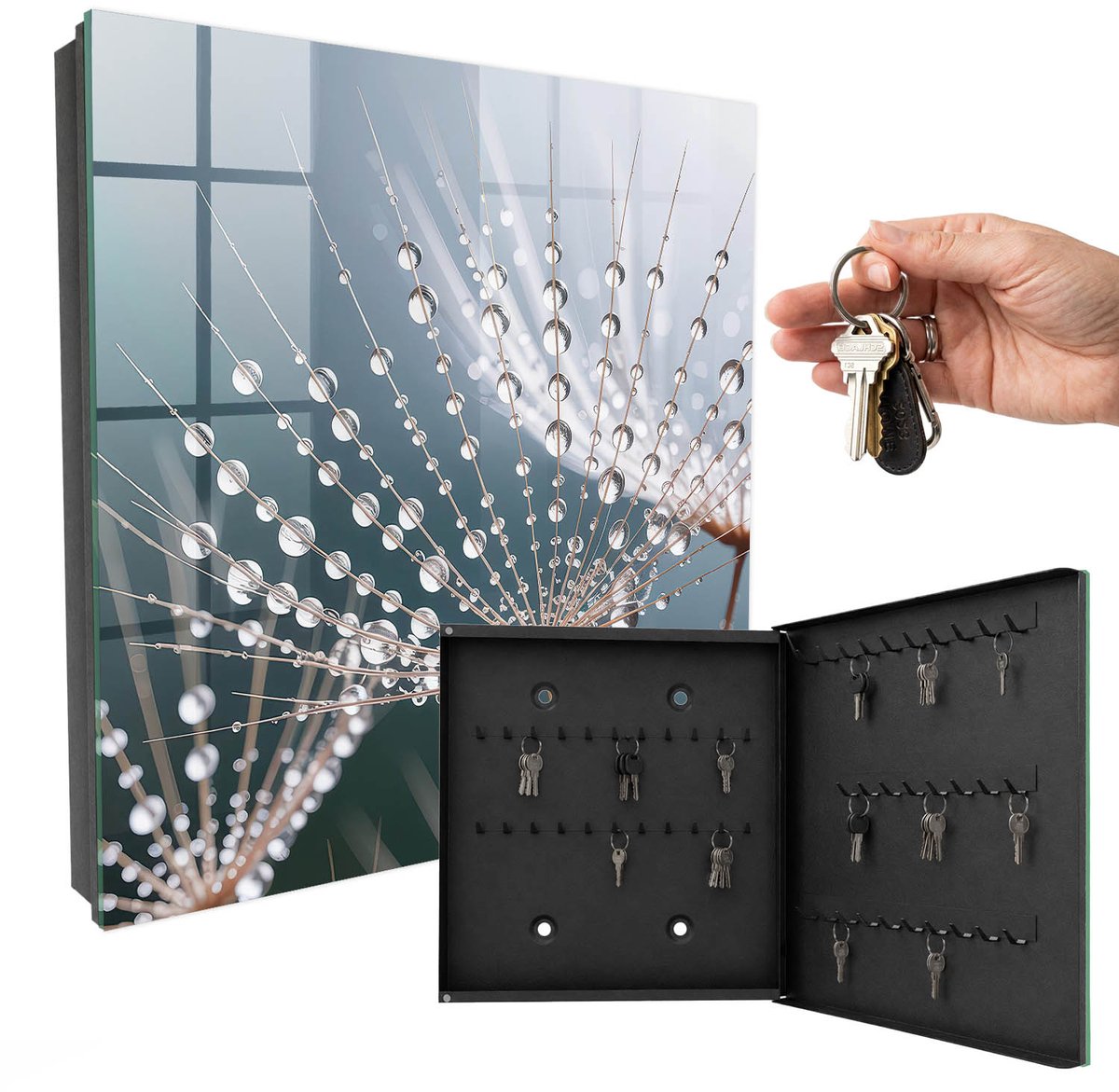 WallMuralia - Sleutelkast - 30x30x5 cm - met 50 haken - Waterdruppels Sleutelkastje Modern - Wit Sleutelbox - Rechtsopenend - Zwart interieur