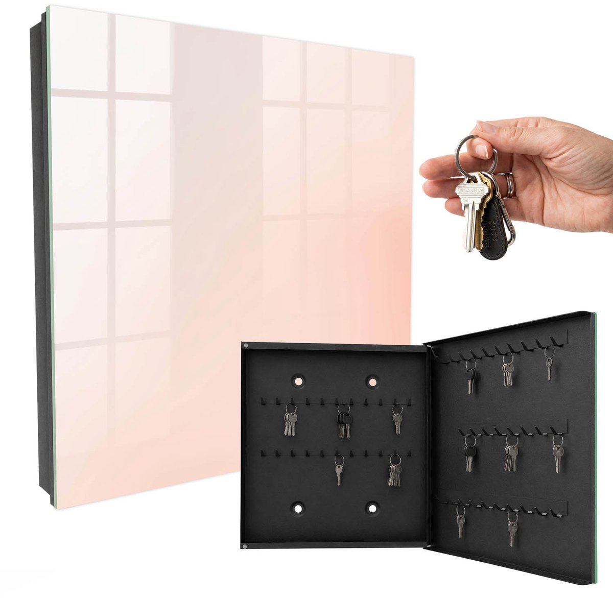 WallMuralia - Sleutelkast - 30x30x5 cm - met 50 haken - Pastel Minimalisme Sleutelkastje Muur - Romig Sleutelbox - Rechtsopenend - Zwart interieur
