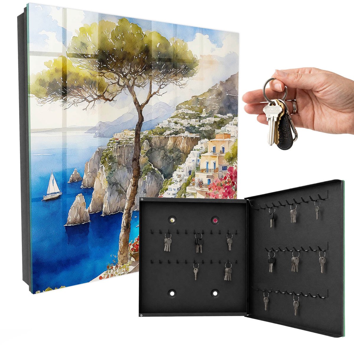 WallMuralia - Sleutelkast - 30x30x5 cm - met 50 haken - Mediterraan Landschap Sleutelkastje Muur - Blauw Sleutelbox - Rechtsopenend - Zwart interieur
