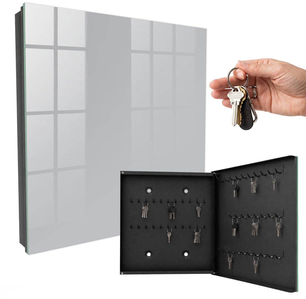 WallMuralia - Sleutelkast - 30x30x5 cm - met 50 haken - Glad Grijs Sleutelkastje Modern - Grijs Sleutelbox - Rechtsopenend - Zwart interieur