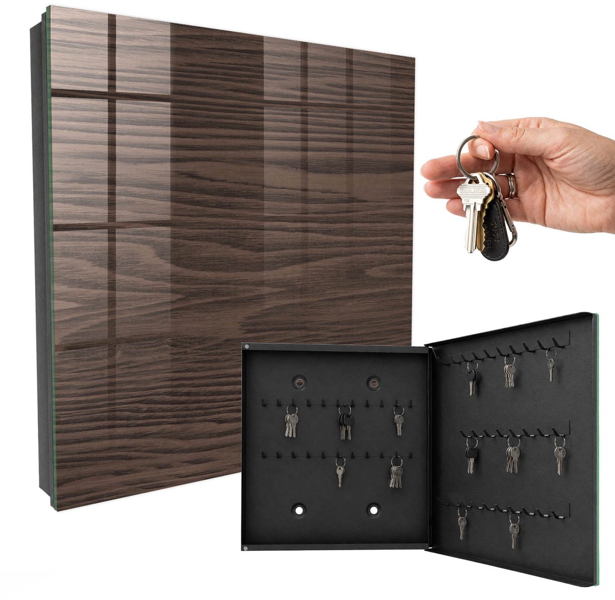 WallMuralia - Sleutelkast - 30x30x5 cm - met 50 haken - Houten Constructie Sleutelkastje Huis - Bruin Sleutelbox - Rechtsopenend - Zwart interieur