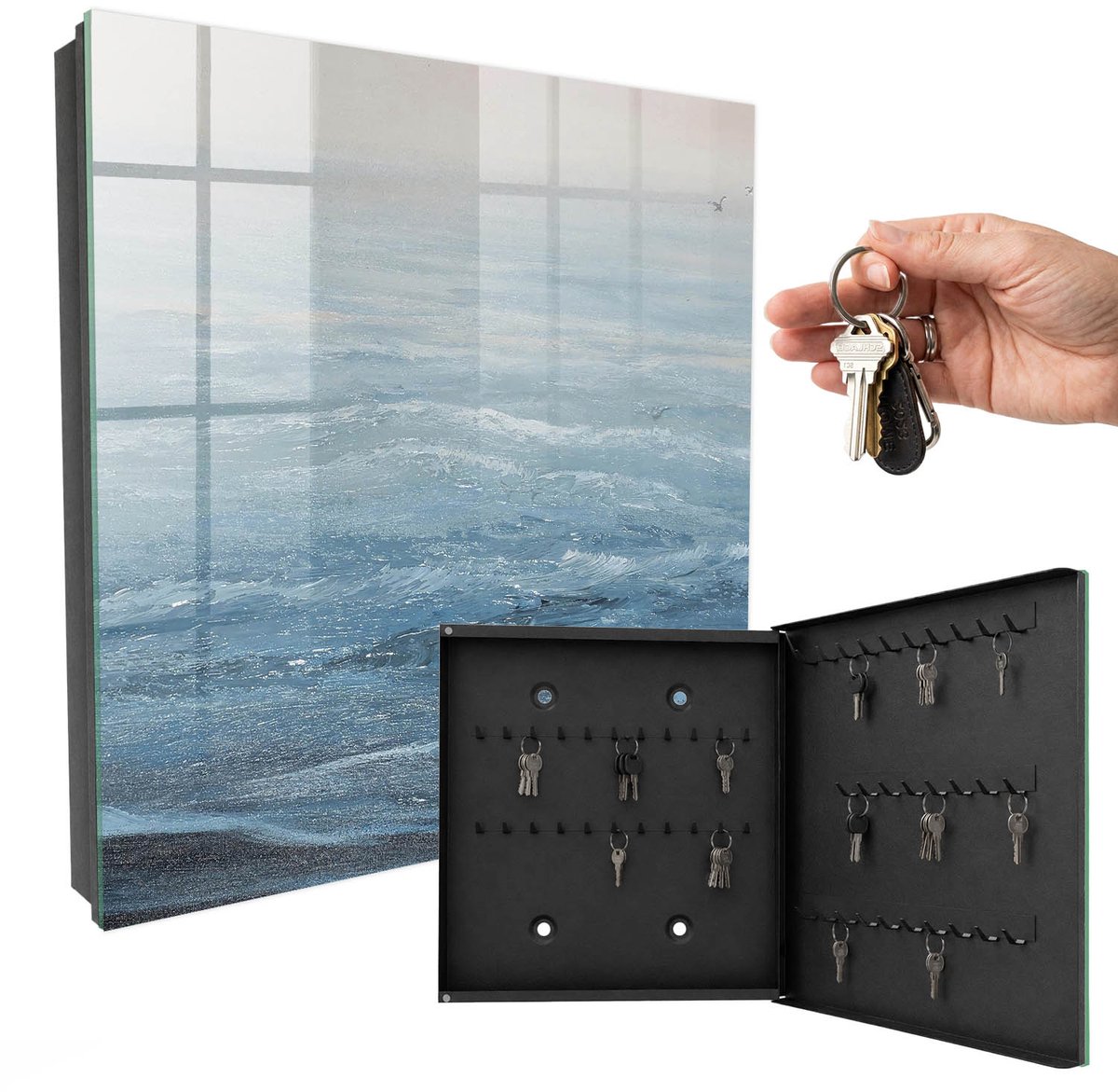 WallMuralia - Sleutelkast - 30x30x5 cm - met 50 haken - Maritieme Harmonie Design Sleutelkastje - Blauw Sleutelbox - Rechtsopenend - Zwart interieur