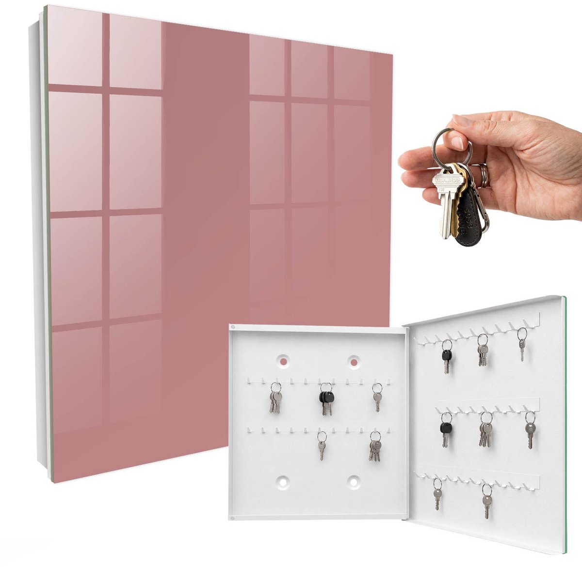 WallMuralia - Sleutelkast - 30x30x5 cm - met 50 haken - Levendig Bordeauxrood Leuk Sleutelkastje - Bordeaux Sleutelbox - Rechtsopenend - Wit interieur
