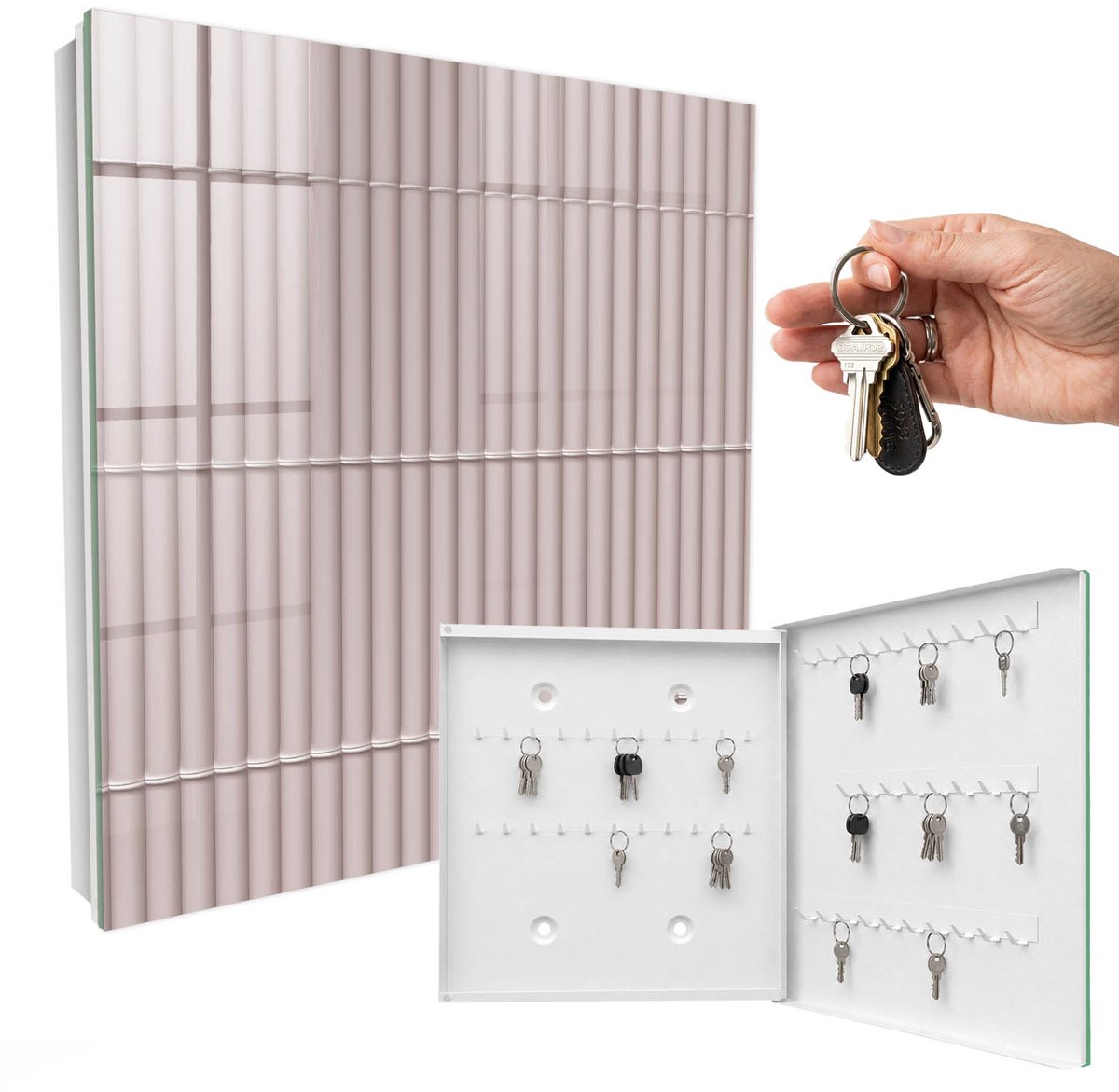 WallMuralia - Sleutelkast - 30x30x5 cm - met 50 haken - Minimalistische Textuur Leuk Sleutelkastje - Beige Sleutelbox - Rechtsopenend - Wit interieur