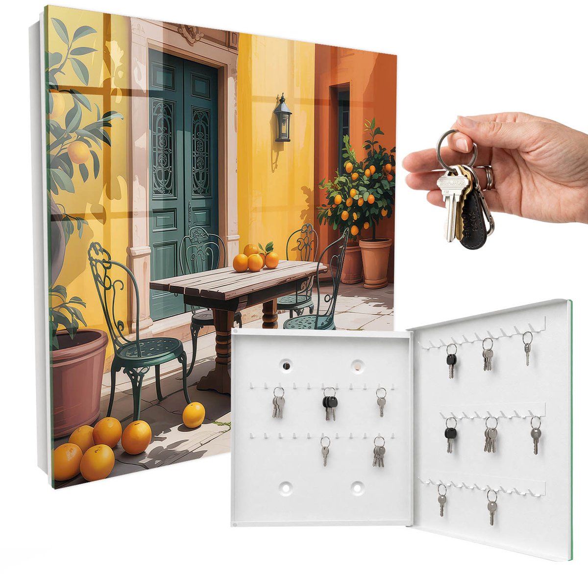 WallMuralia - Sleutelkast - 30x30x5 cm - met 50 haken - Zonnig Terras Sleutelkastje Hal - Geel Sleutelbox - Rechtsopenend - Wit interieur