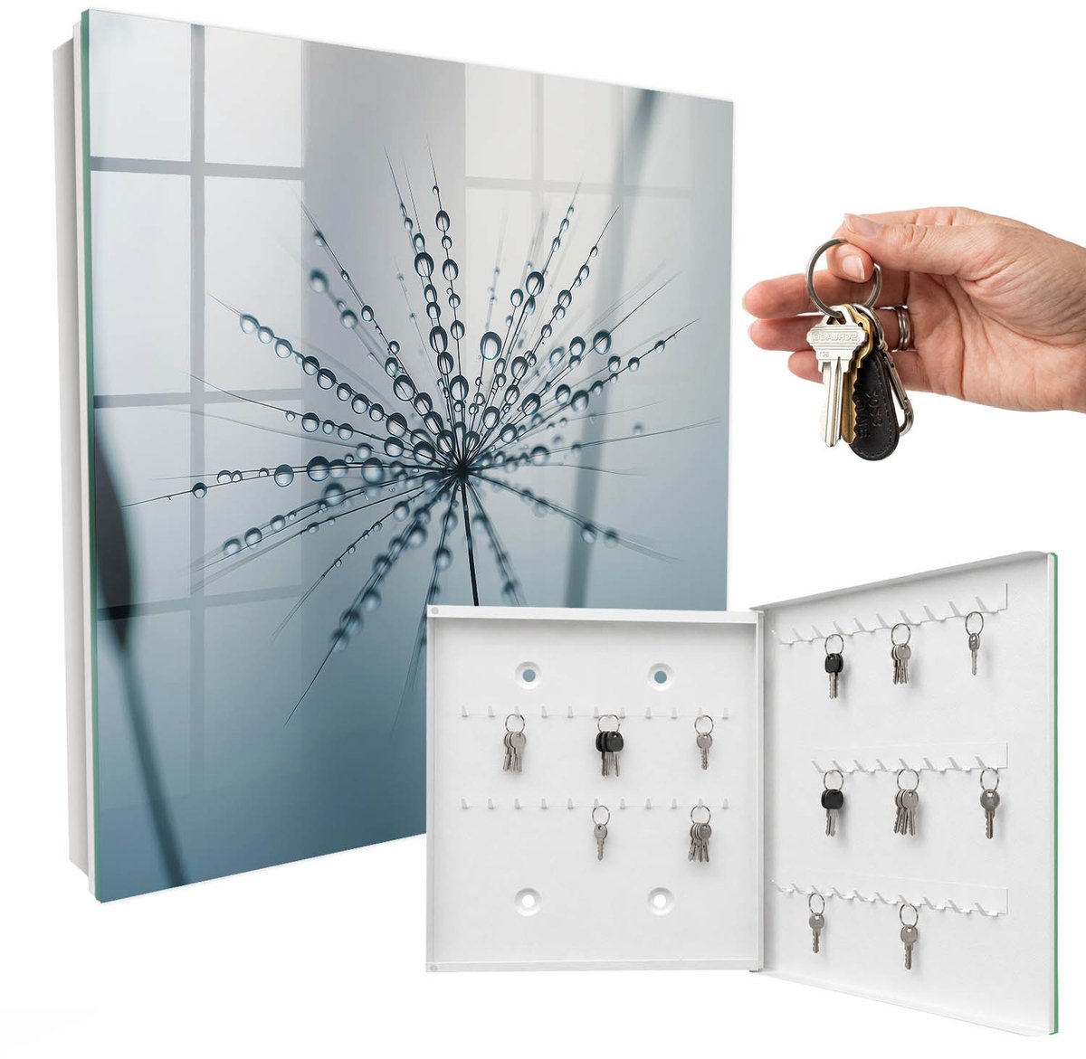 WallMuralia - Sleutelkast - 30x30x5 cm - met 50 haken - Paardenbloem En Waterdruppels Sleutelkastje Hal - Grijs Sleutelbox - Rechtsopenend - Wit interieur