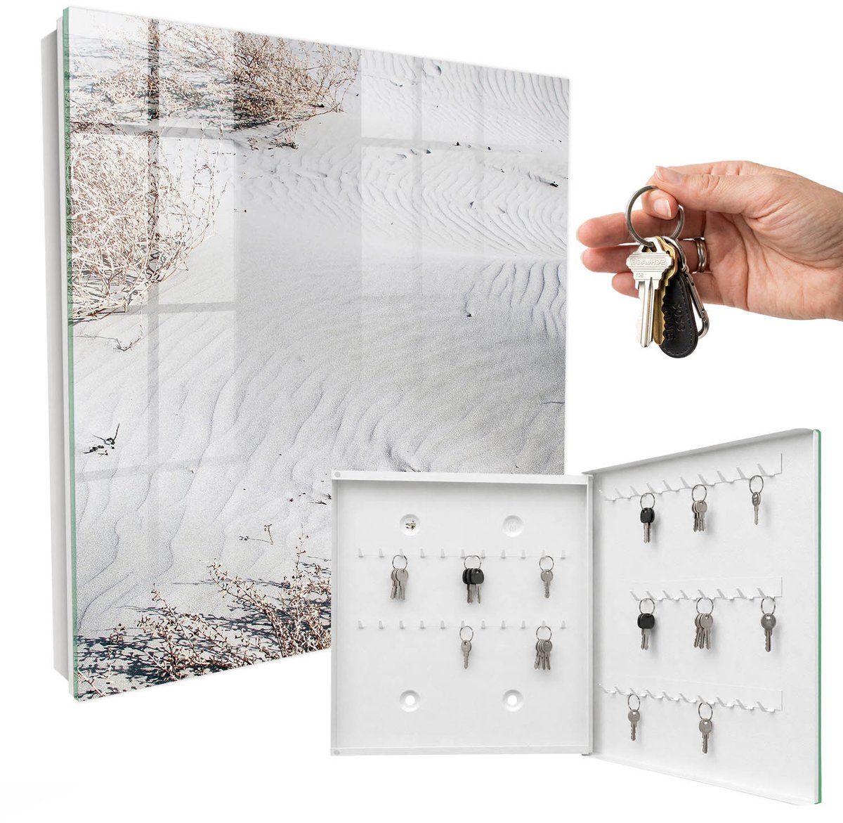 WallMuralia - Sleutelkast - 30x30x5 cm - met 50 haken - Zandgolven Sleutelkastje Hal - Grijs Sleutelbox - Rechtsopenend - Wit interieur