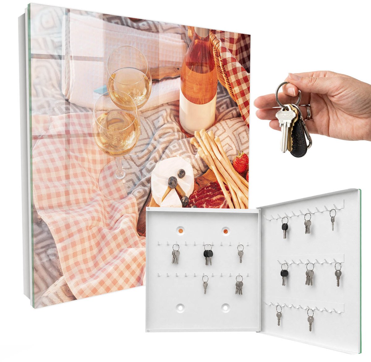 WallMuralia - Sleutelkast - 30x30x5 cm - met 50 haken - Picknickkleed Sleutelkastje Industrieel - Beige Sleutelbox - Rechtsopenend - Wit interieur