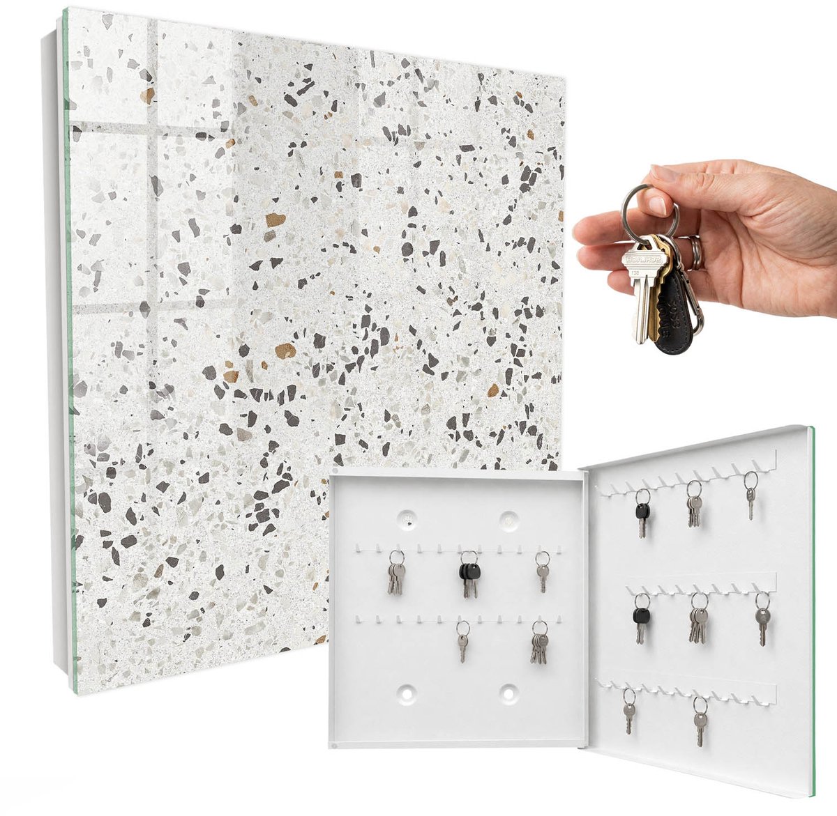 WallMuralia - Sleutelkast - 30x30x5 cm - met 50 haken - Moderne Textuur Sleutelkastje Gang - Grijs Sleutelbox - Rechtsopenend - Wit interieur