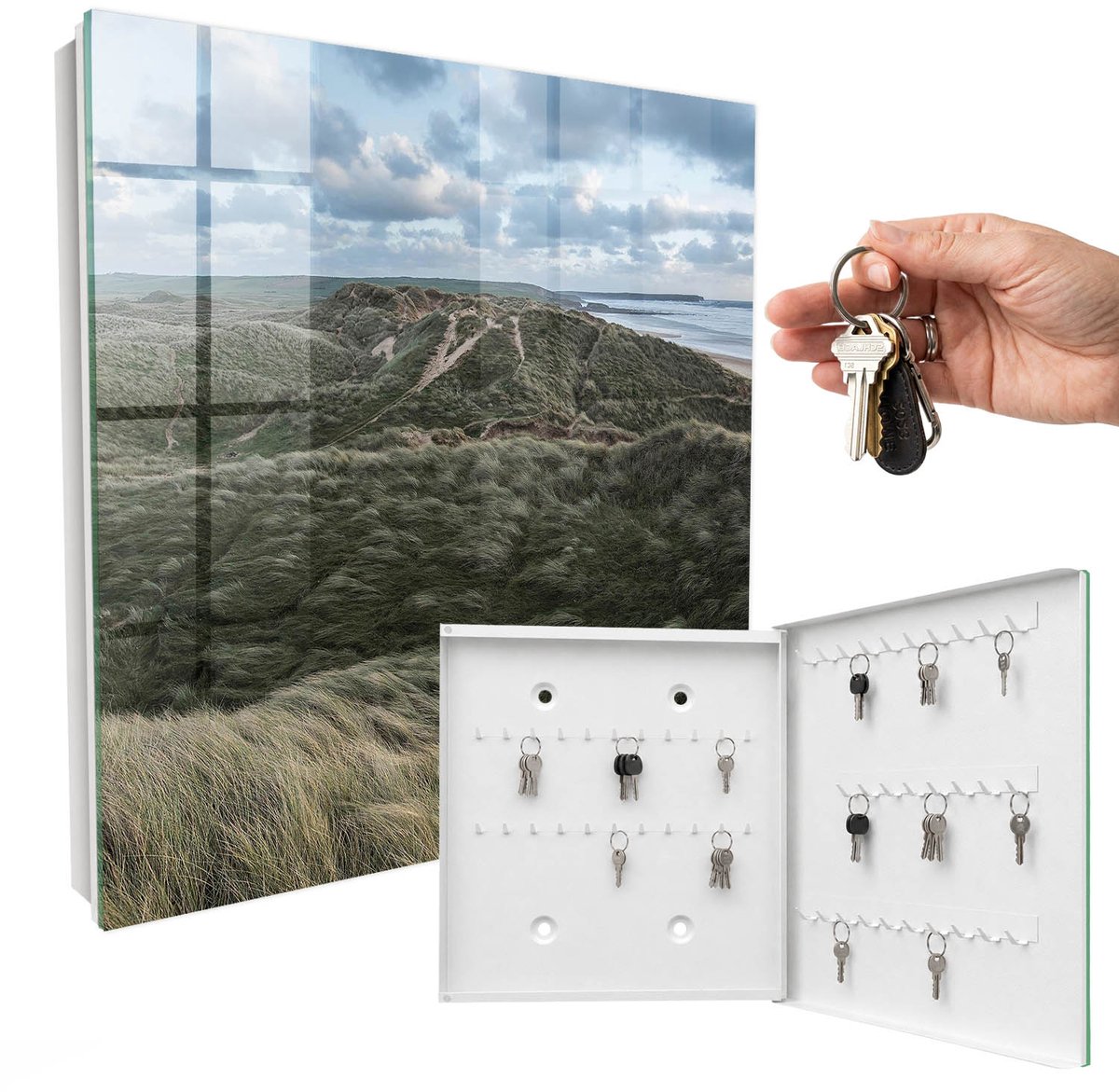 WallMuralia - Sleutelkast - 30x30x5 cm - met 50 haken - Groene Heuvels Sleutelkastje Industrieel - Groente Sleutelbox - Rechtsopenend - Wit interieur