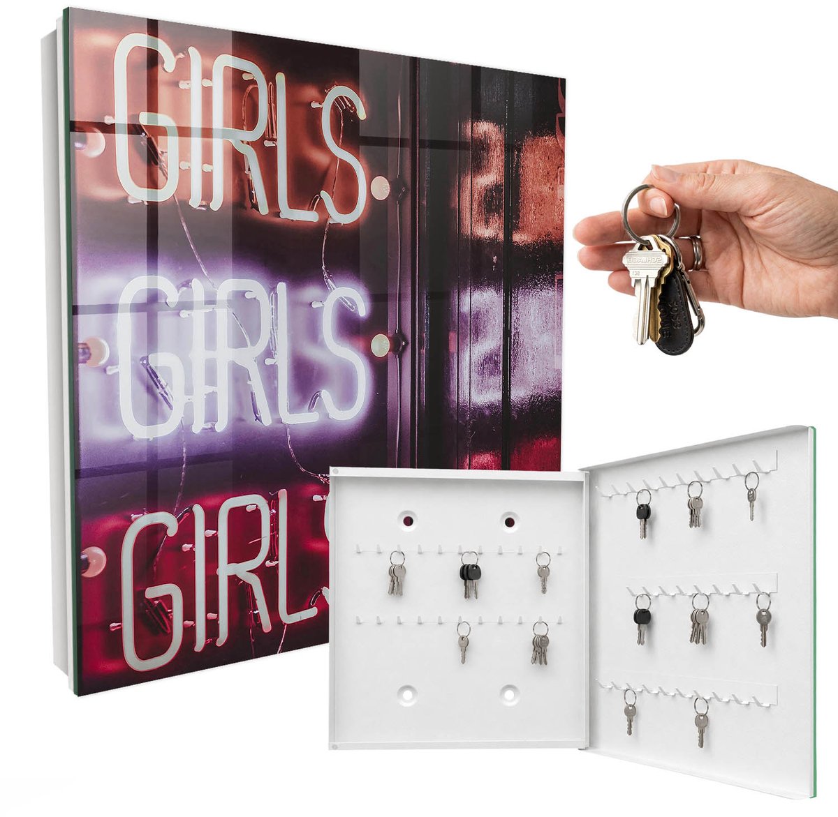 WallMuralia - Sleutelkast - 30x30x5 cm - met 50 haken - Neon Opschrift Sleutelkastje - Paars Sleutelbox - Rechtsopenend - Wit interieur