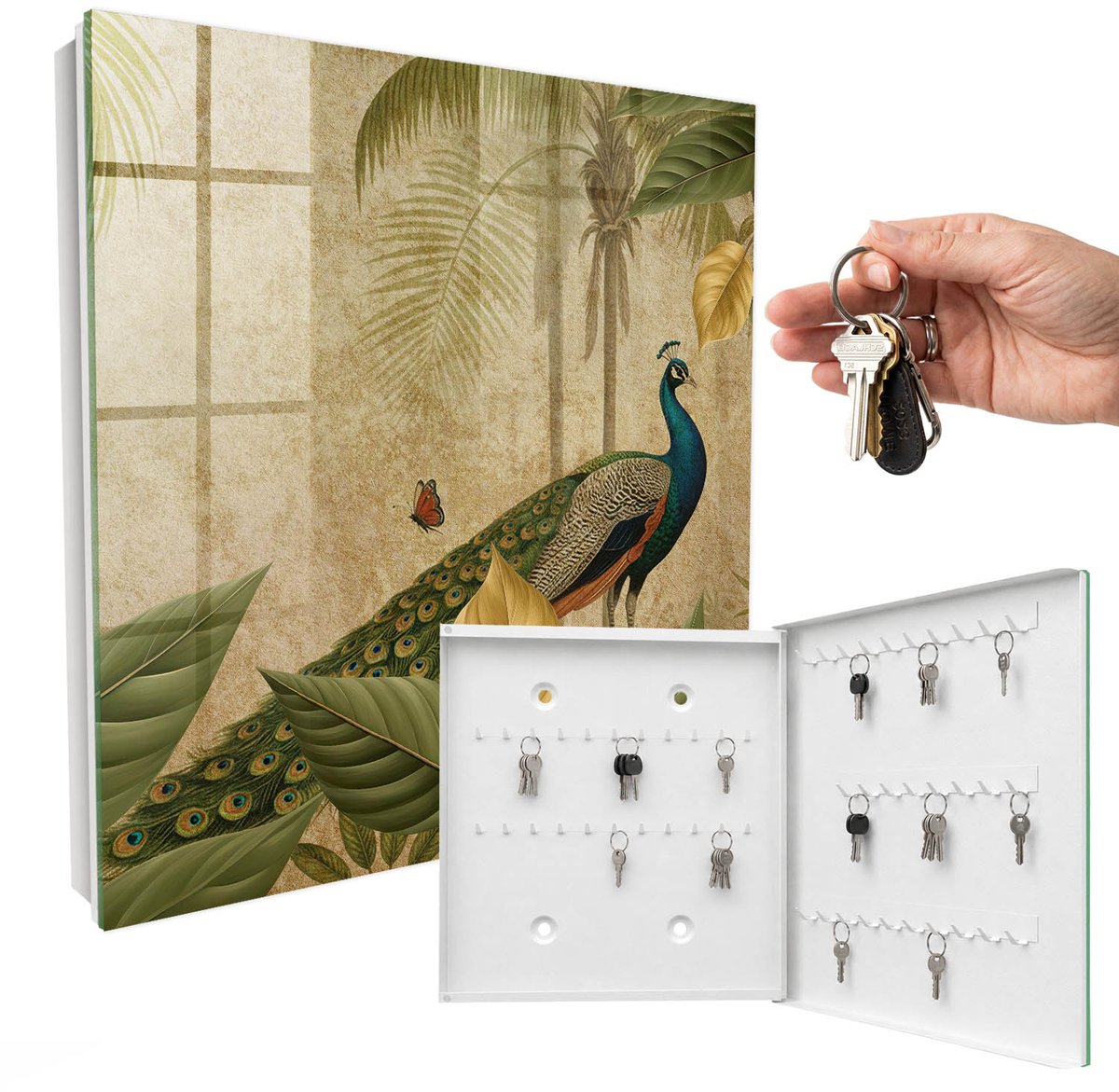 WallMuralia - Sleutelkast - 30x30x5 cm - met 50 haken - Exotisch Landschap Sleutelkastje Design - Beige Sleutelbox - Rechtsopenend - Wit interieur
