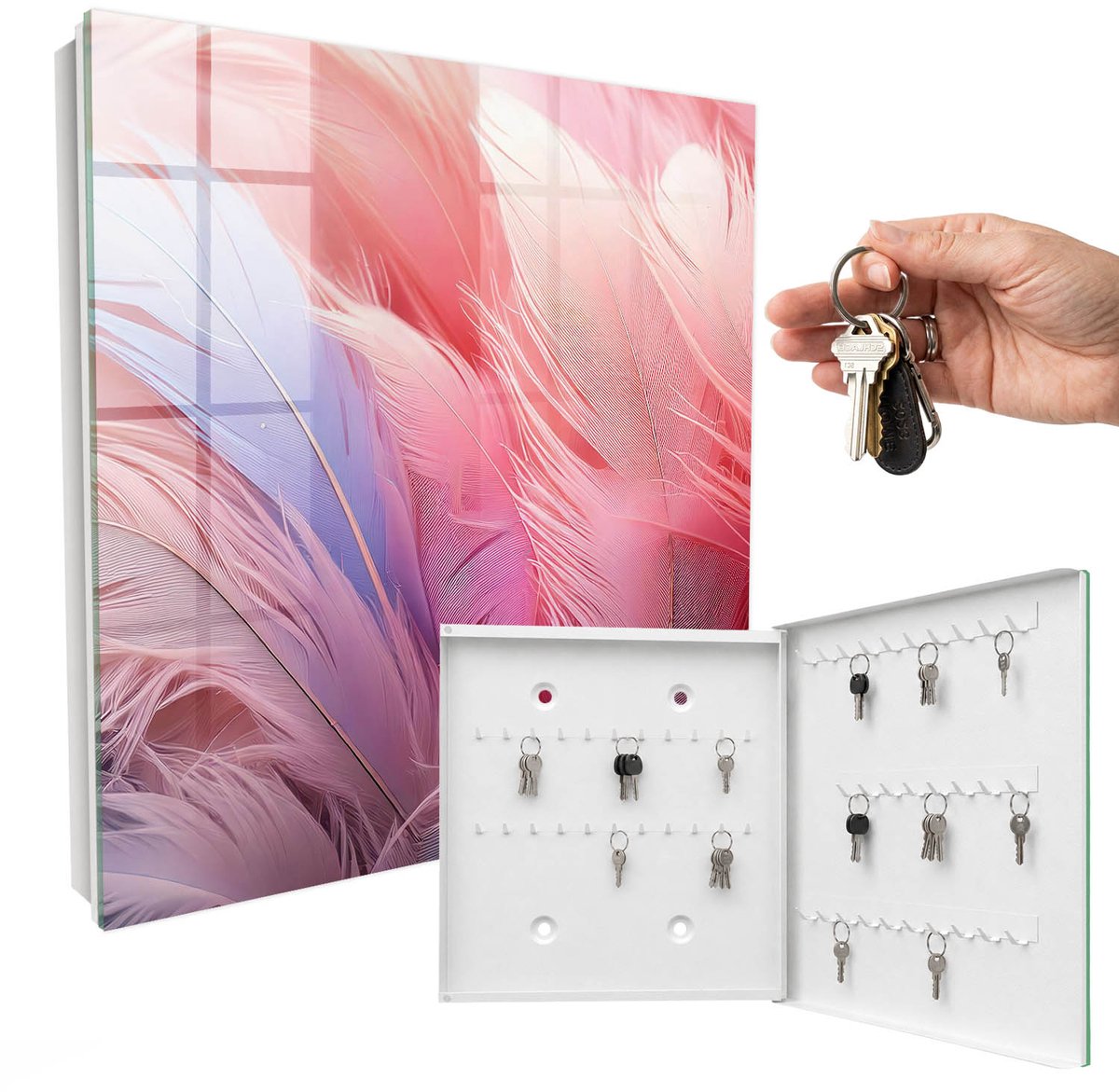 WallMuralia - Sleutelkast - 30x30x5 cm - met 50 haken - Prachtige Roze Veren Sleutelkastje Muur - Roze Sleutelbox - Rechtsopenend - Wit interieur