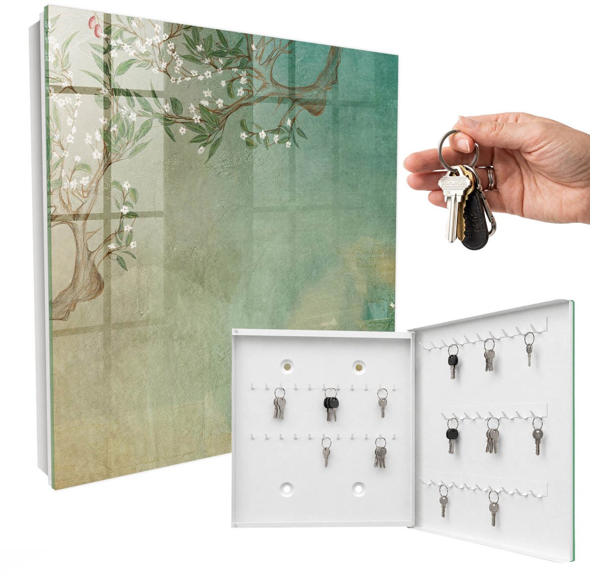 WallMuralia - Sleutelkast - 30x30x5 cm - met 50 haken - Bloeiende Boom Sleutelkastje Klein - Turkoois Sleutelbox - Rechtsopenend - Wit interieur