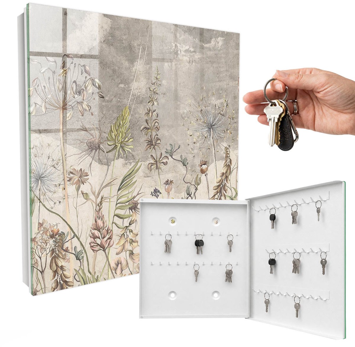 WallMuralia - Sleutelkast - 30x30x5 cm - met 50 haken - Vintage Planten Sleutelkastje Voor Binnen - Grijs Sleutelbox - Rechtsopenend - Wit interieur