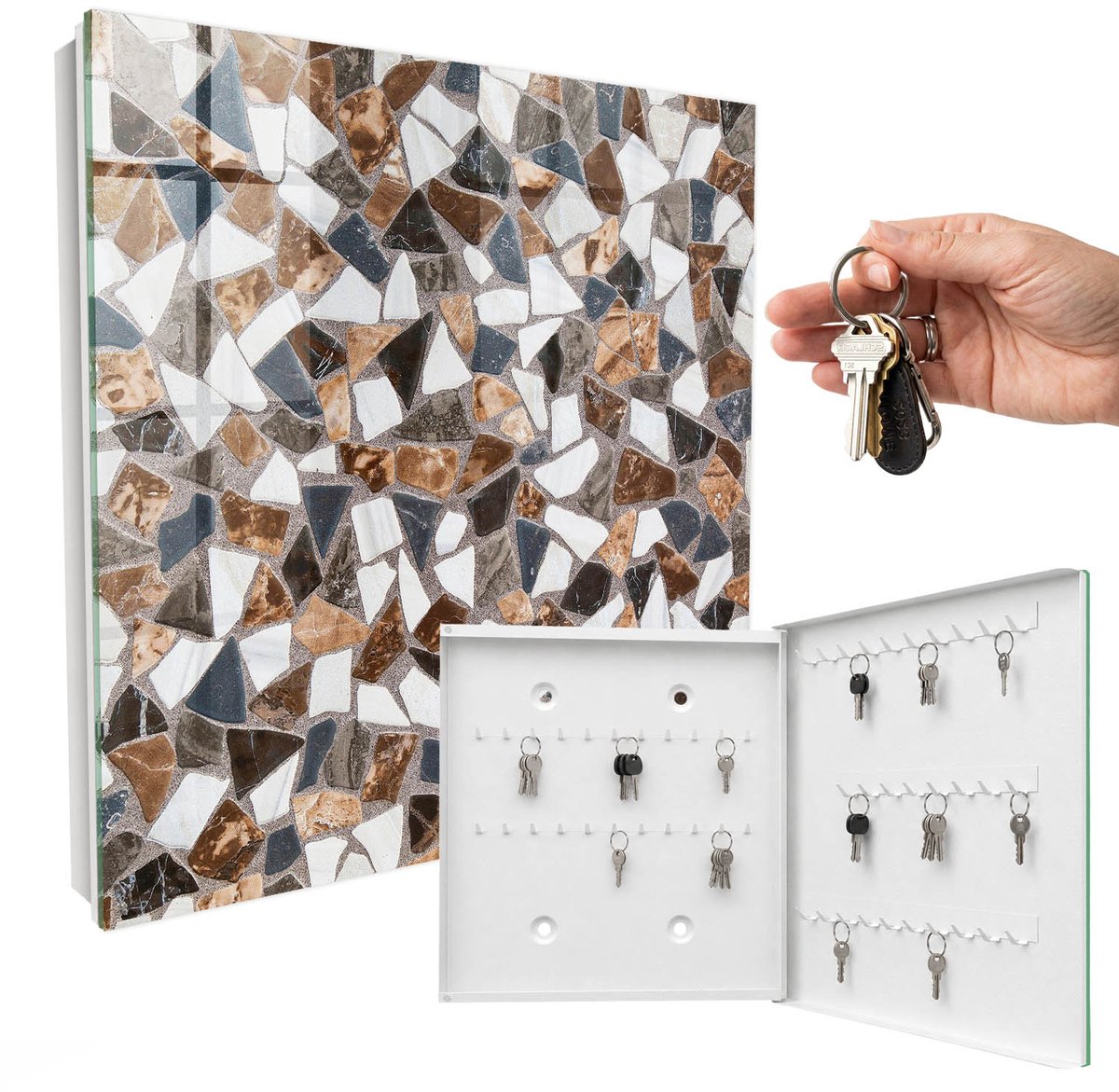 WallMuralia - Sleutelkast - 30x30x5 cm - met 50 haken - Geometrische Mozaïek Sleutelkastje Voor Binnen - Bruin Sleutelbox - Rechtsopenend - Wit interieur