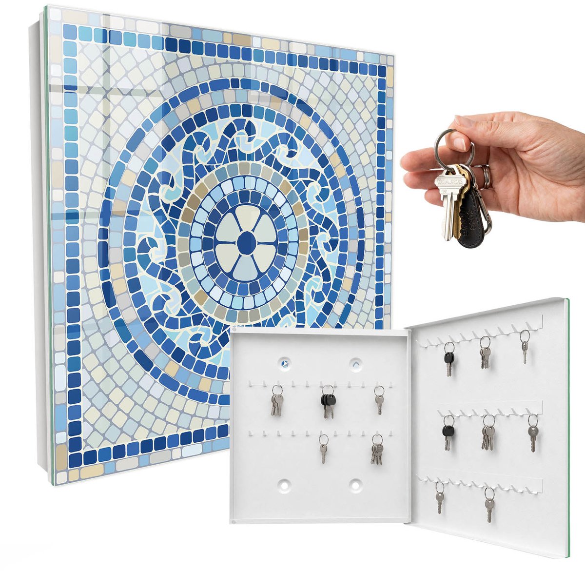 WallMuralia - Sleutelkast - 30x30x5 cm - met 50 haken - Geometrische Mozaïek Sleutelkastje Gang - Blauw Sleutelbox - Rechtsopenend - Wit interieur
