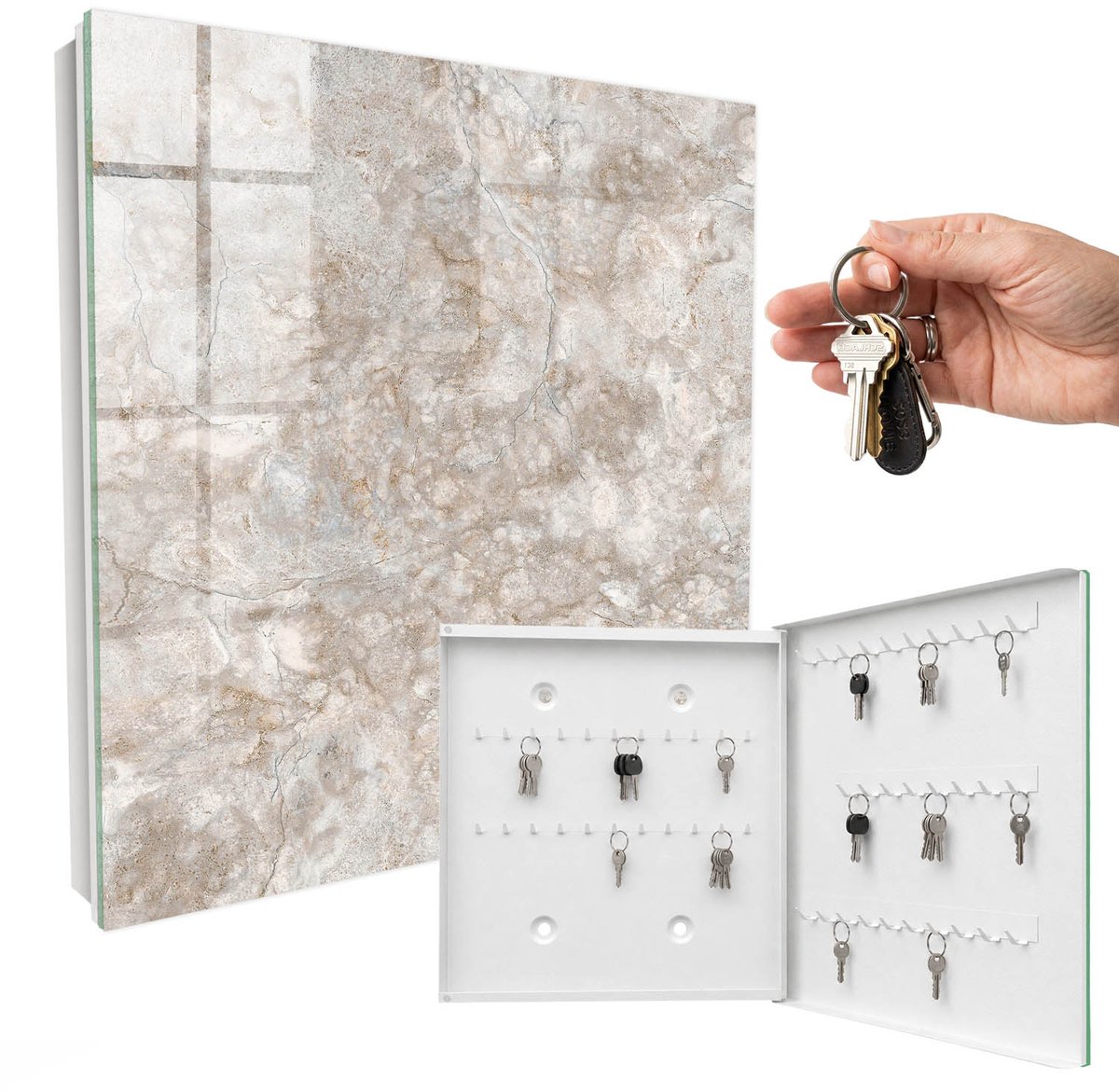 WallMuralia - Sleutelkast - 30x30x5 cm - met 50 haken - Marmeren Structuur Sleutelkastje Hal - Beige Sleutelbox - Rechtsopenend - Wit interieur