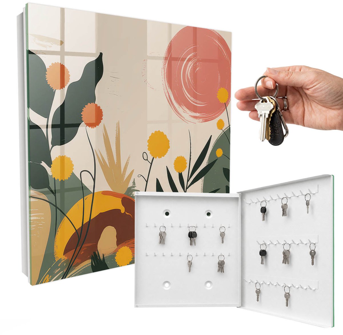 WallMuralia - Sleutelkast - 30x30x5 cm - met 50 haken - Kleurrijke Energie Sleutelkastje Industrieel - Beige Sleutelbox - Rechtsopenend - Wit interieur