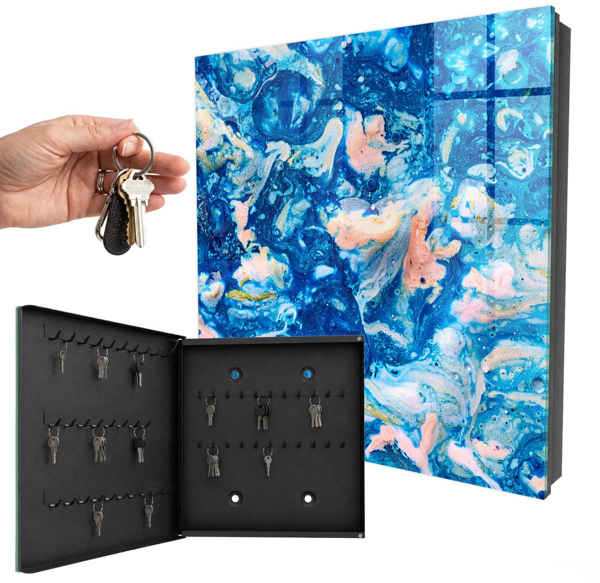 WallMuralia - Sleutelkast - 30x30x5 cm - met 50 haken - Kleurrijke Wervelingen Sleutelkastje Design - Blauw Sleutelbox - Linksopenend - Zwart interieur