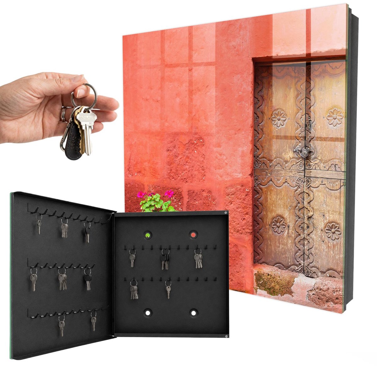 WallMuralia - Sleutelkast - 30x30x5 cm - met 50 haken - Rode Gevel Sleutelkastje Gang - Rood Sleutelbox - Linksopenend - Zwart interieur