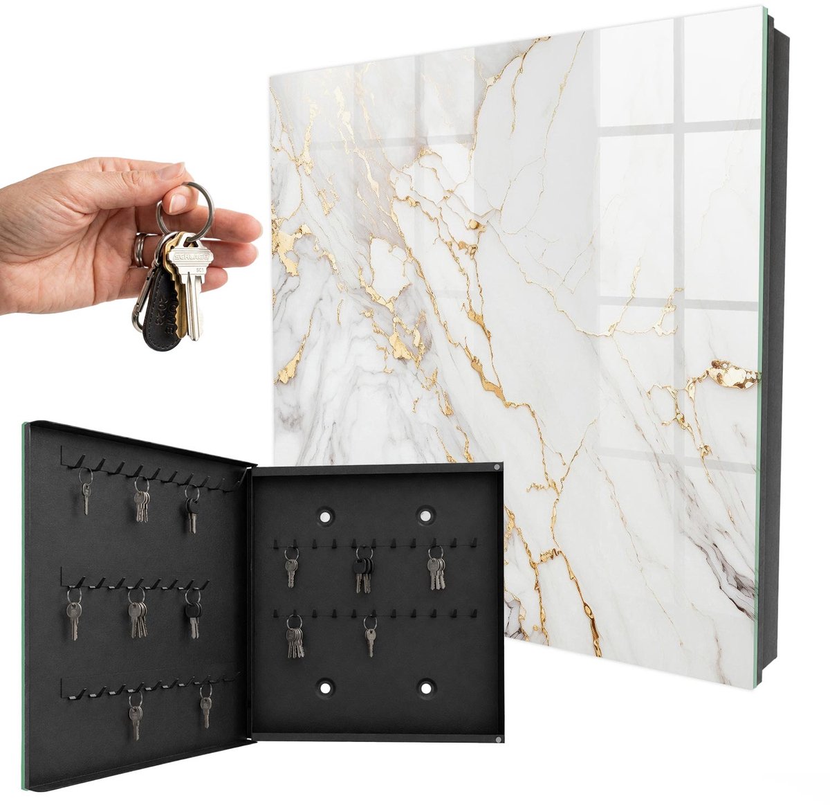 WallMuralia - Sleutelkast - 30x30x5 cm - met 50 haken - Marmeren Elegantie Sleutelkastje Klein - Wit Sleutelbox - Linksopenend - Zwart interieur