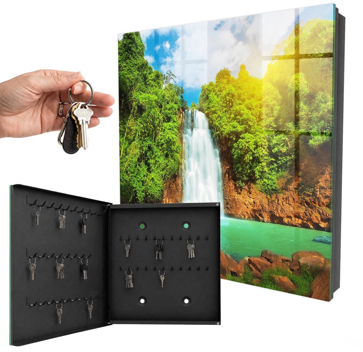 WallMuralia - Sleutelkast - 30x30x5 cm - met 50 haken - Tropische Waterval Sleutelkastje Binnen - Groente Sleutelbox - Linksopenend - Zwart interieur
