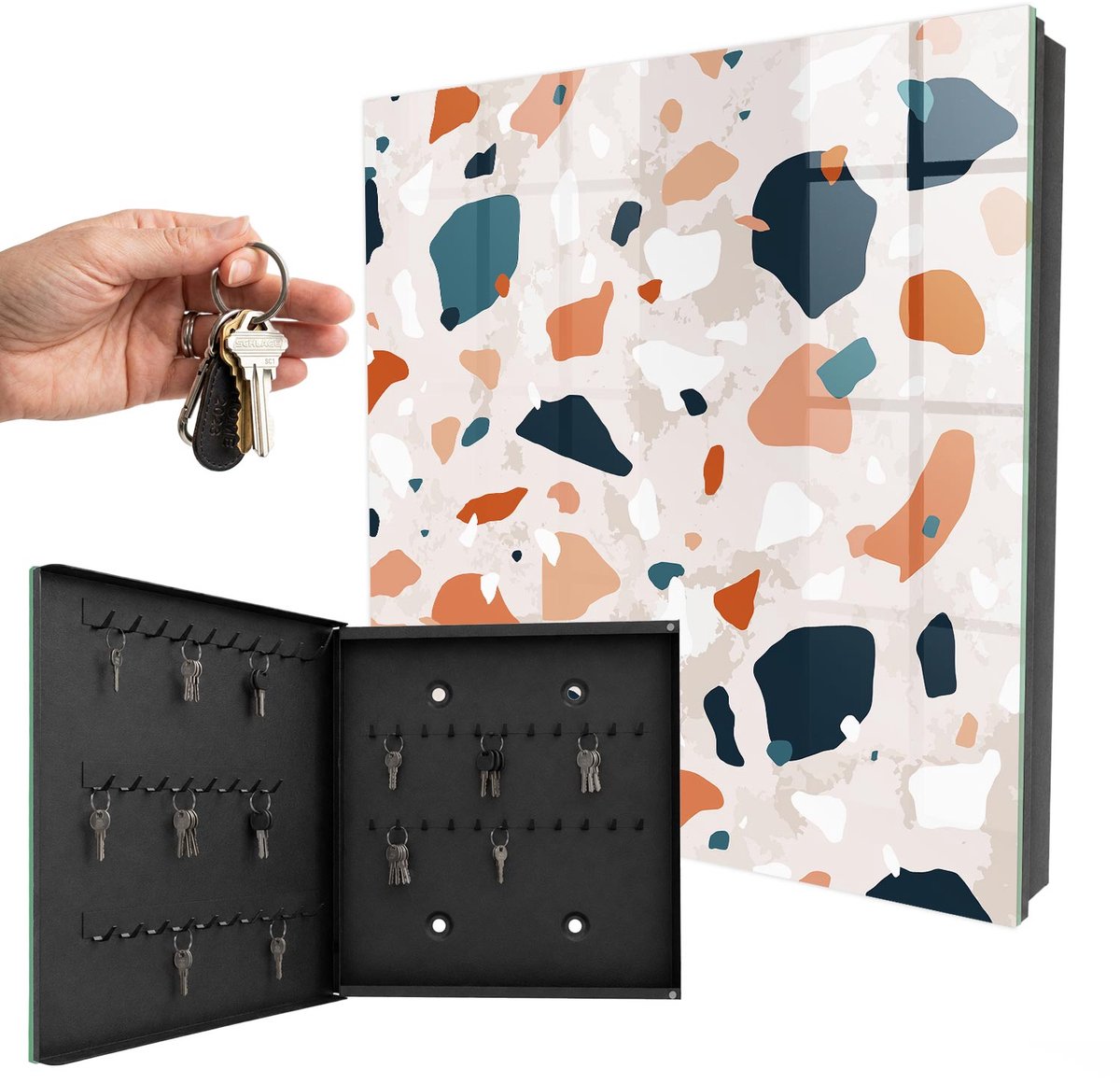 WallMuralia - Sleutelkast - 30x30x5 cm - met 50 haken - Kleurrijke Chaos Sleutelkastje Klein - Oranje Sleutelbox - Linksopenend - Zwart interieur