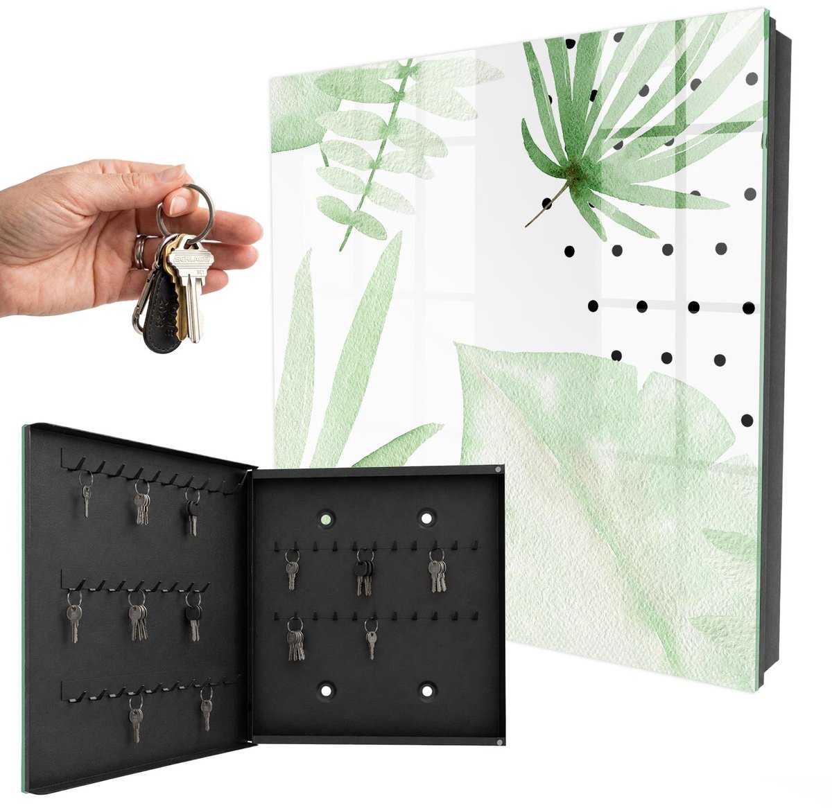 WallMuralia - Sleutelkast - 30x30x5 cm - met 50 haken - Groene Bladeren Sleutelkastje Voor Binnen - Wit Sleutelbox - Linksopenend - Zwart interieur
