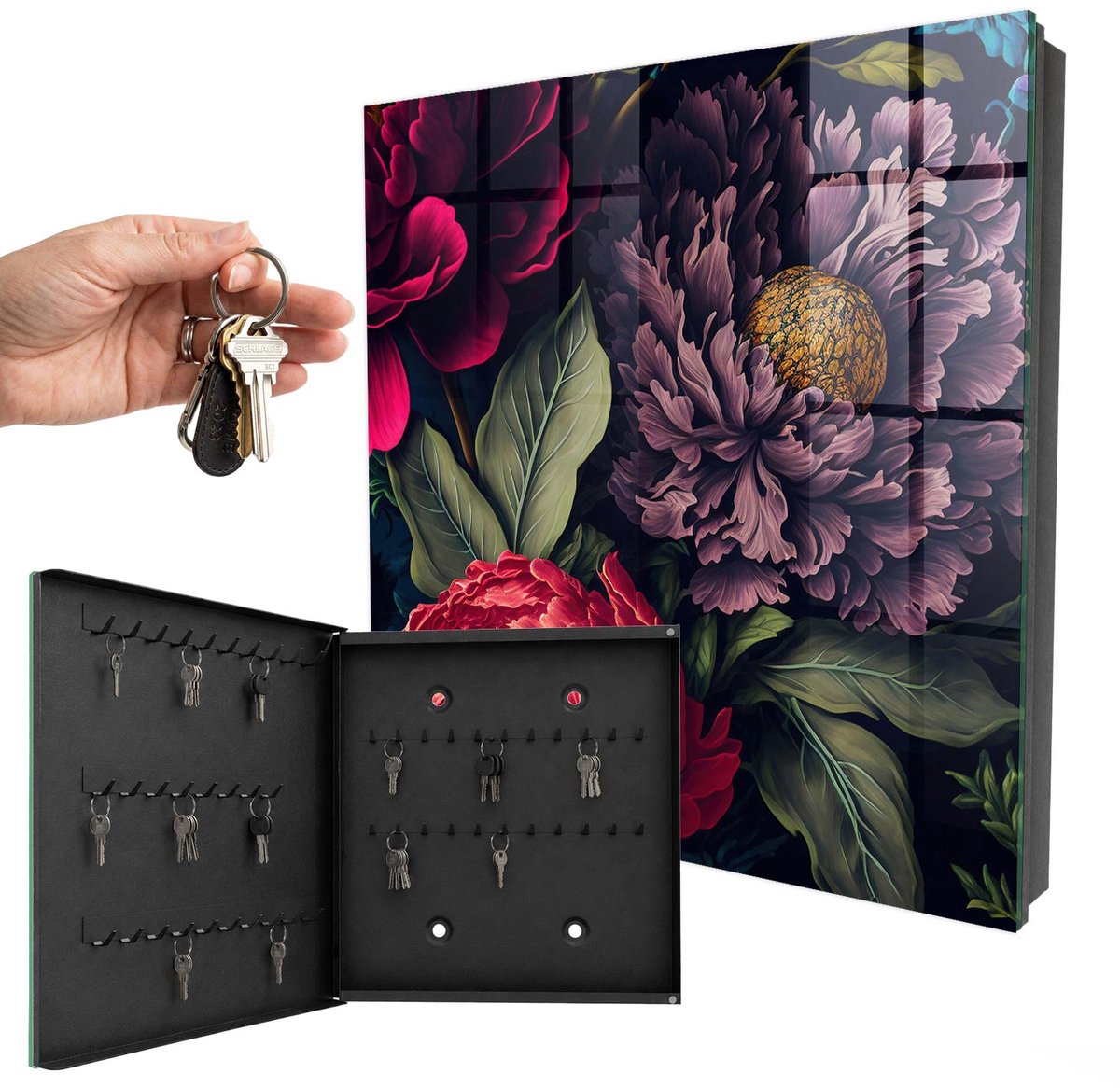 WallMuralia - Sleutelkast - 30x30x5 cm - met 50 haken - Bloemen Van Luxe Sleutelkastje Landelijk - Paars Sleutelbox - Linksopenend - Zwart interieur