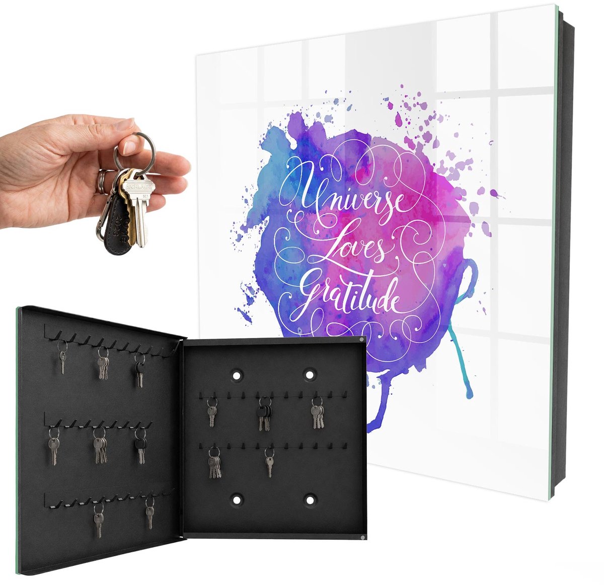 WallMuralia - Sleutelkast - 30x30x5 cm - met 50 haken - Het Universum Houdt Van Dankbaarheid. Sleutelkastje Design - Paars Sleutelbox - Linksopenend - Zwart interieur