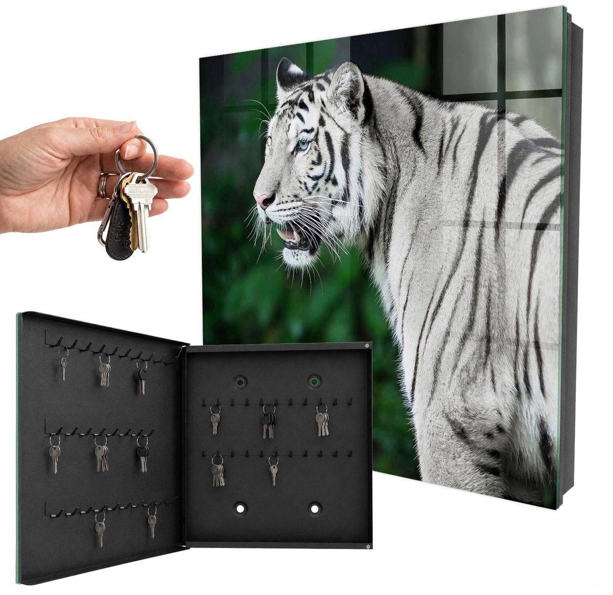 WallMuralia - Sleutelkast - 30x30x5 cm - met 50 haken - Witte Tijger Sleutelkastje Voor Binnen - Wit Sleutelbox - Linksopenend - Zwart interieur